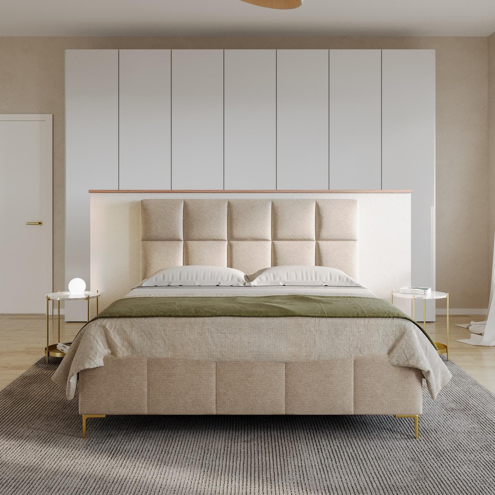 Letto matrimoniale 160x190 cm in tessuto effetto maglia beige con gambe oro e contenitore - Muzai
