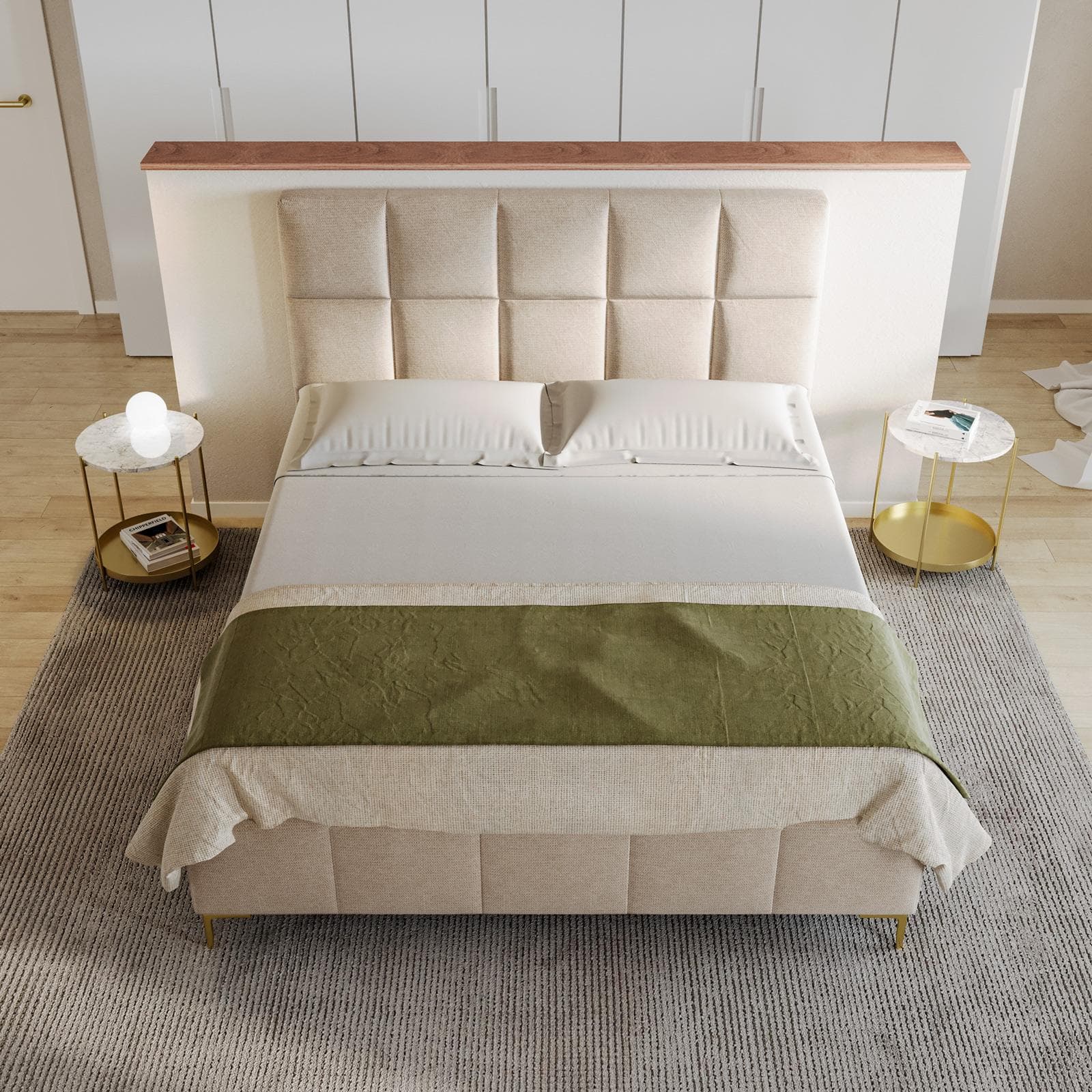 Letto matrimoniale 160x190 cm in tessuto effetto maglia beige con gambe oro e contenitore - Muzai