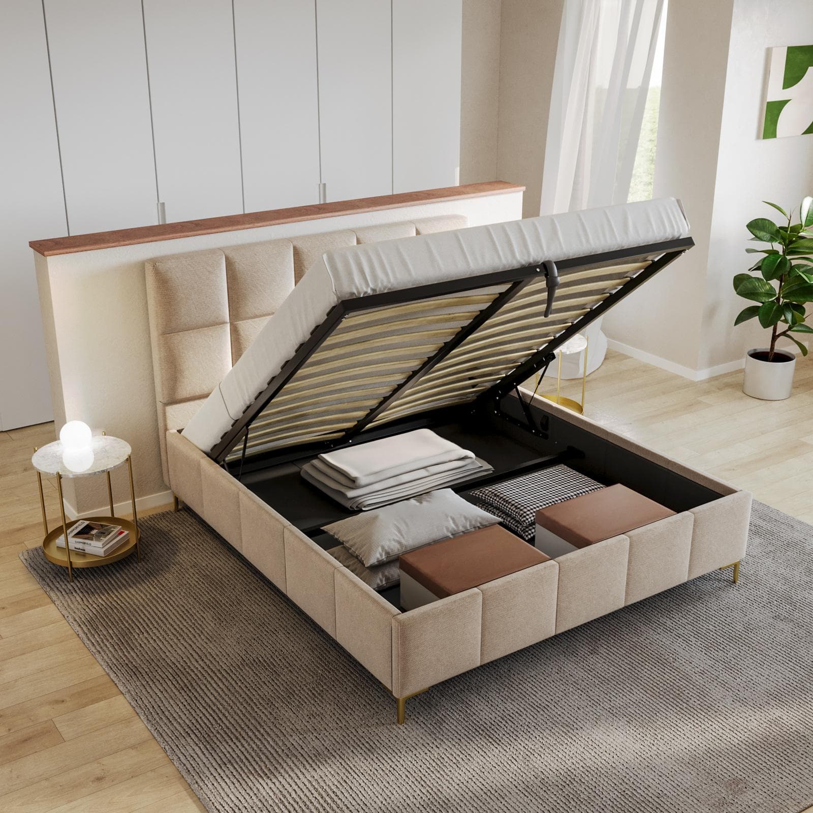 Letto matrimoniale 160x190 cm in tessuto effetto maglia beige con gambe oro e contenitore - Muzai
