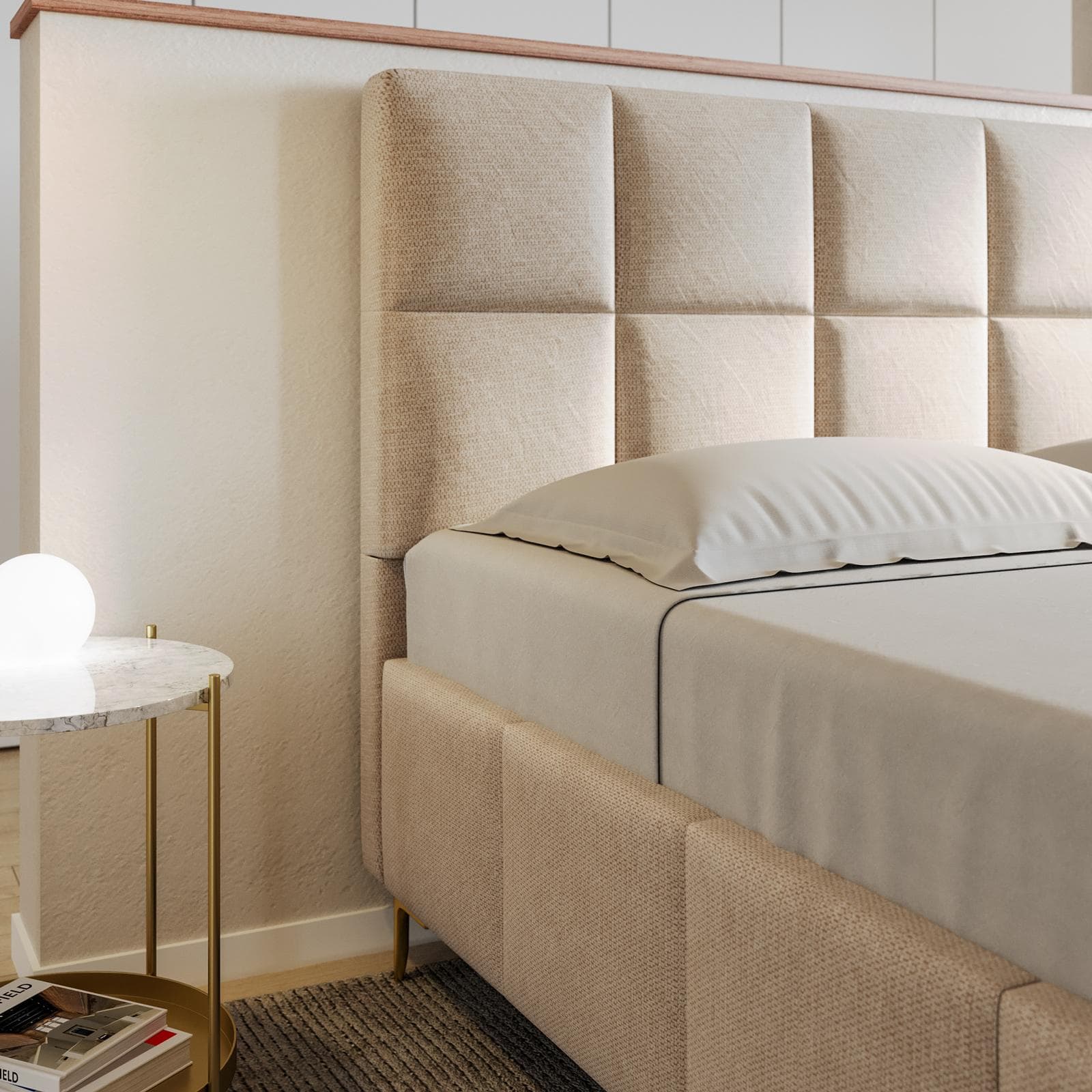 Letto matrimoniale 160x190 cm in tessuto effetto maglia beige con gambe oro e contenitore - Muzai