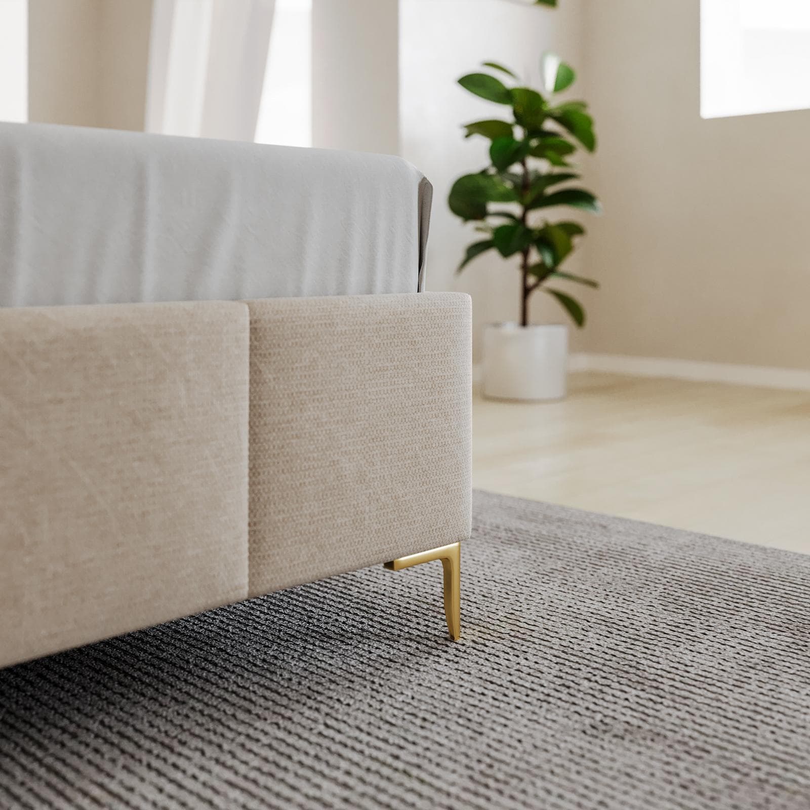 Letto matrimoniale 160x190 cm in tessuto effetto maglia beige con gambe oro e contenitore - Muzai