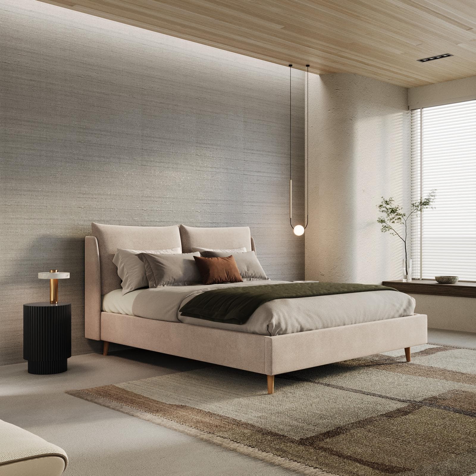 Letto matrimoniale 160x190 cm in tessuto effetto maglia beige con piedi in legno - Tenero