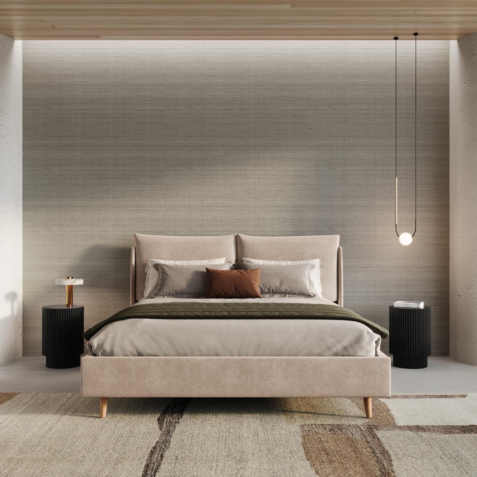 Letto matrimoniale 160x190 cm in tessuto effetto maglia beige con piedi in legno - Tenero