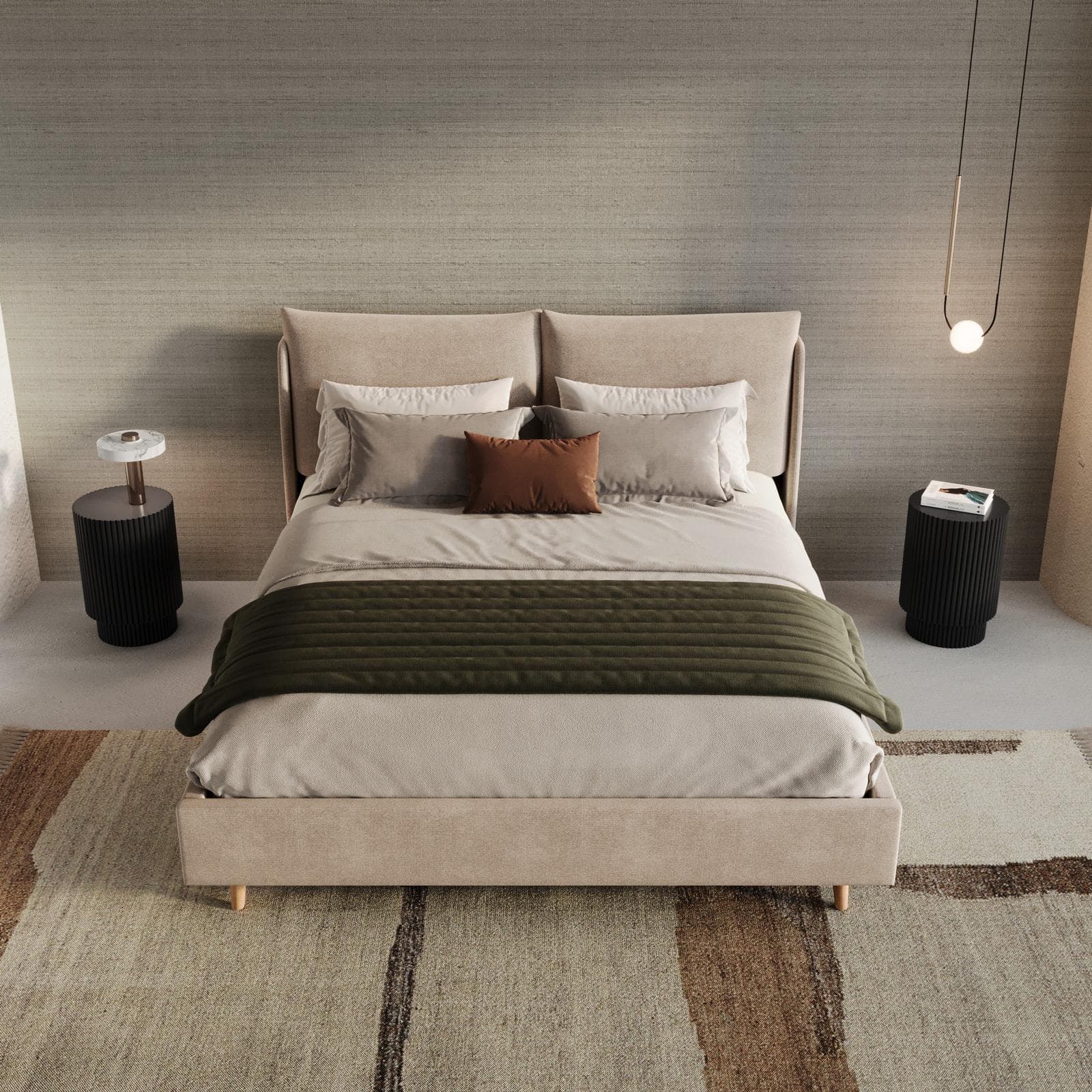Letto matrimoniale 160x190 cm in tessuto effetto maglia beige con piedi in legno - Tenero