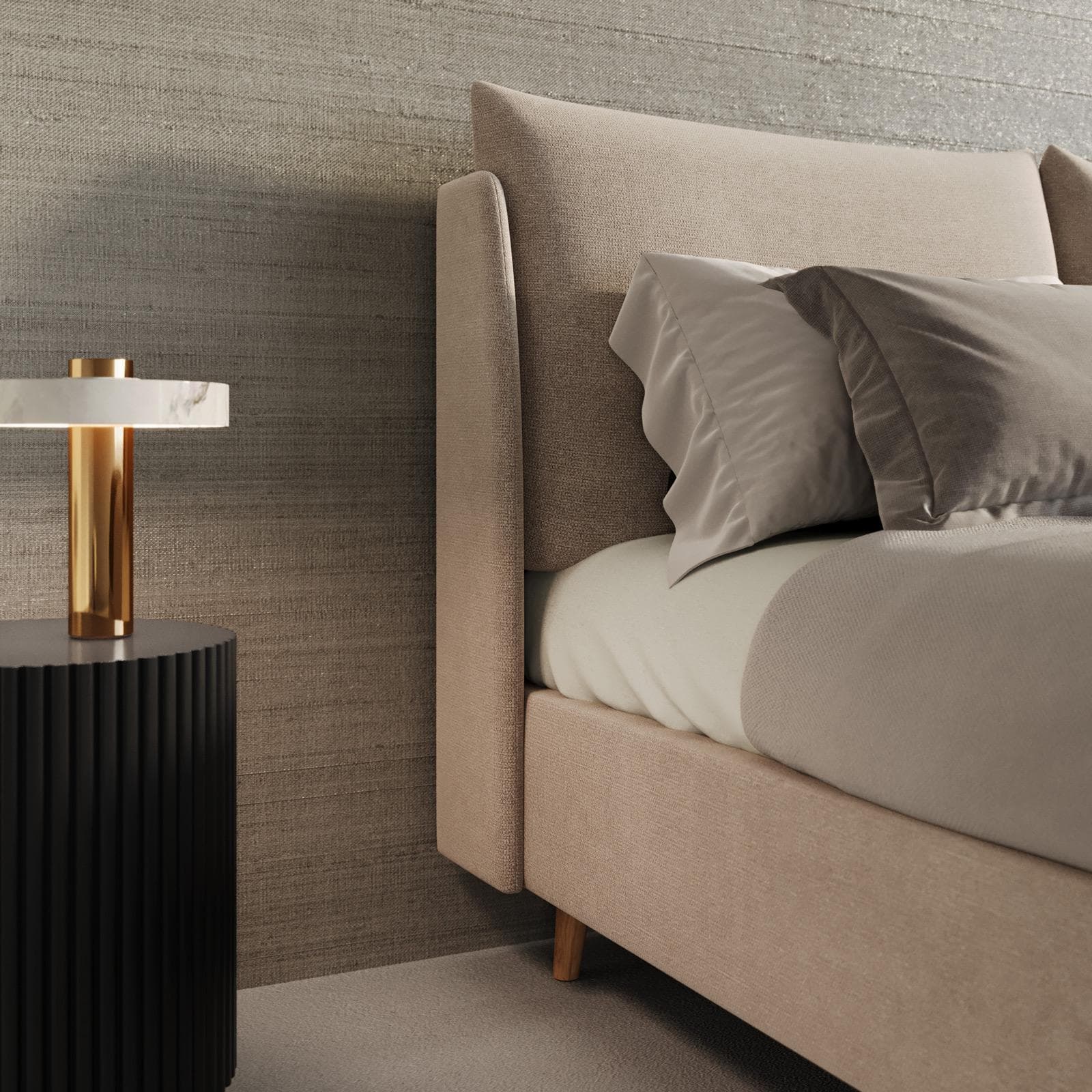 Letto matrimoniale 160x190 cm in tessuto effetto maglia beige con piedi in legno - Tenero