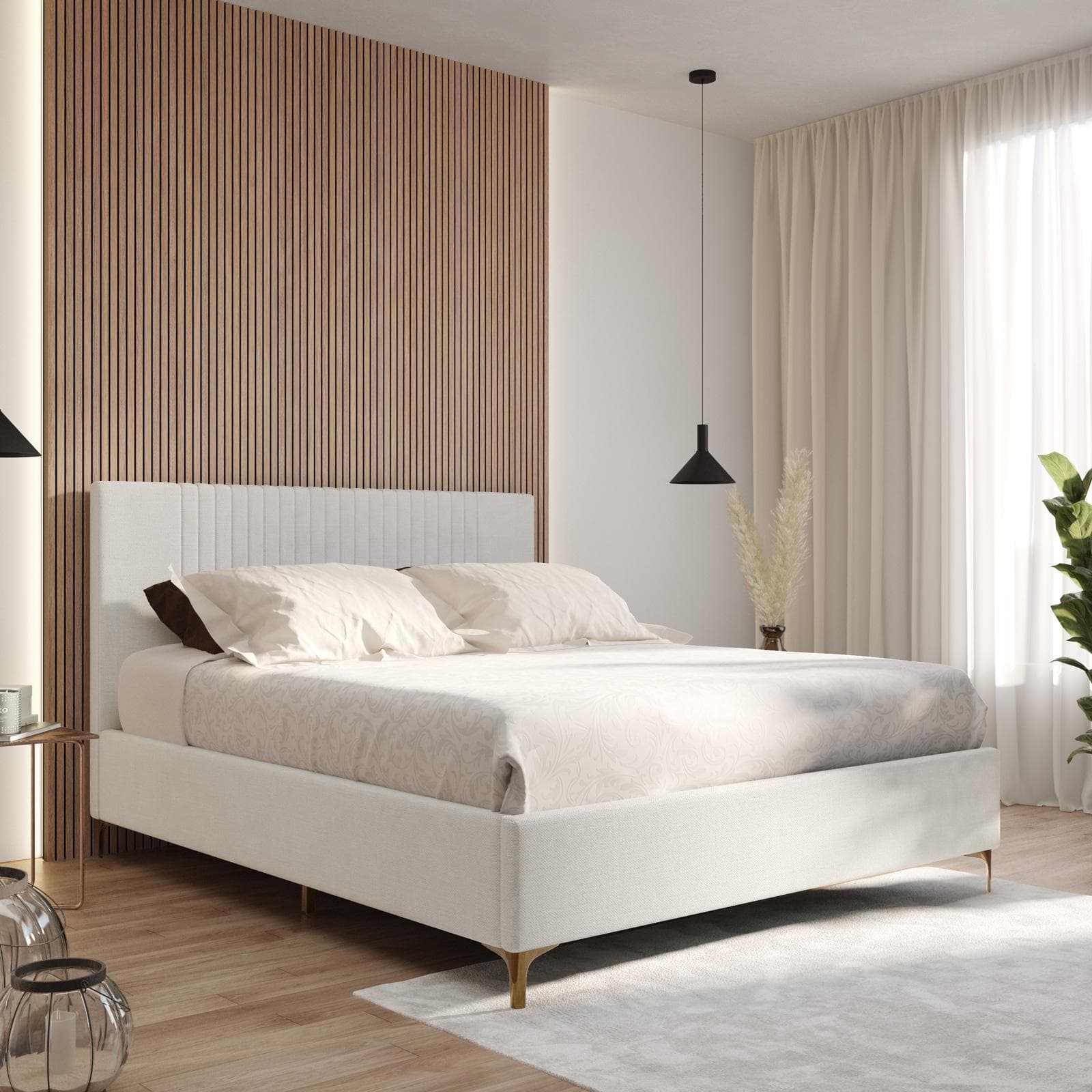 Letto matrimoniale 160x190 cm in tessuto effetto maglia off white con contenitore e piedi oro - Maverick