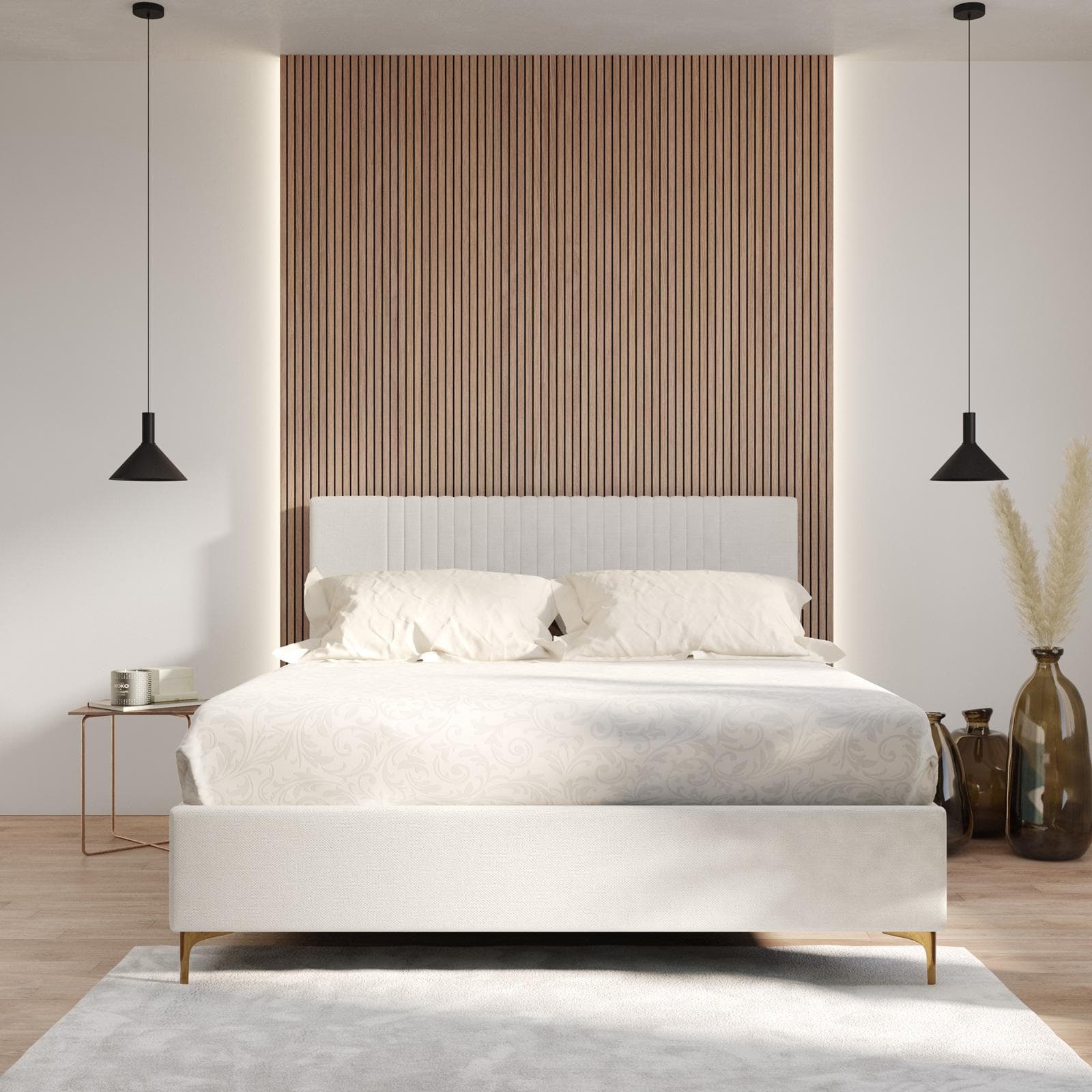 Letto matrimoniale 160x190 cm in tessuto effetto maglia off white con contenitore e piedi oro - Maverick