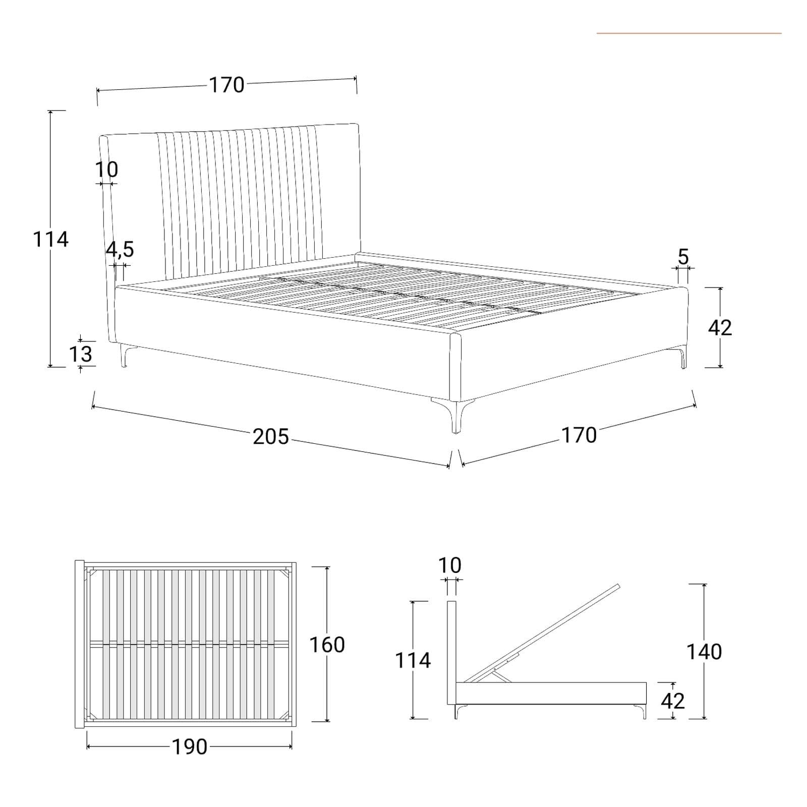 Letto matrimoniale 160x190 cm in tessuto effetto maglia off white con contenitore e piedi oro - Maverick