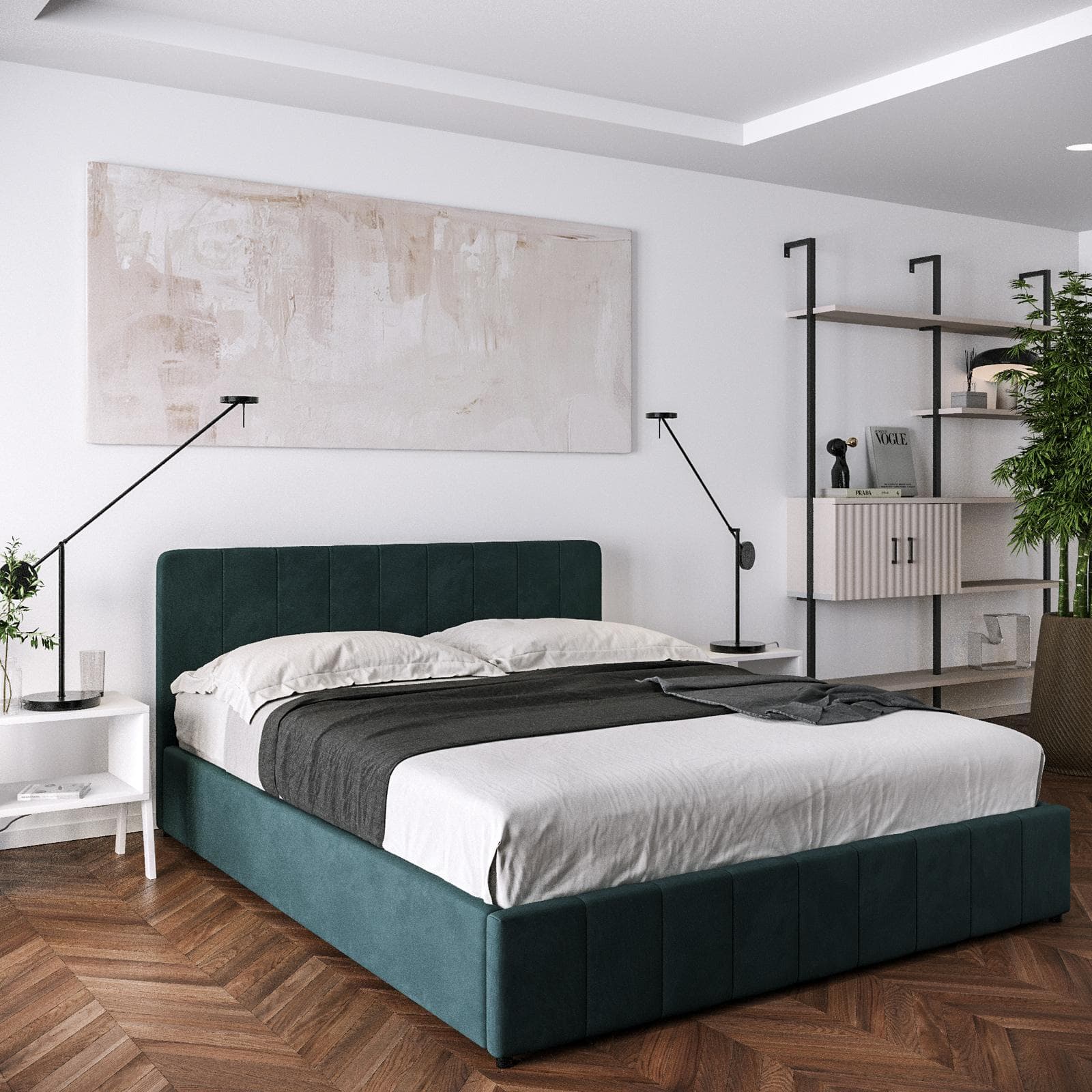 Letto matrimoniale contenitore 160x200 cm in tessuto effetto maglia verde petrolio con connettore usb - Kayden