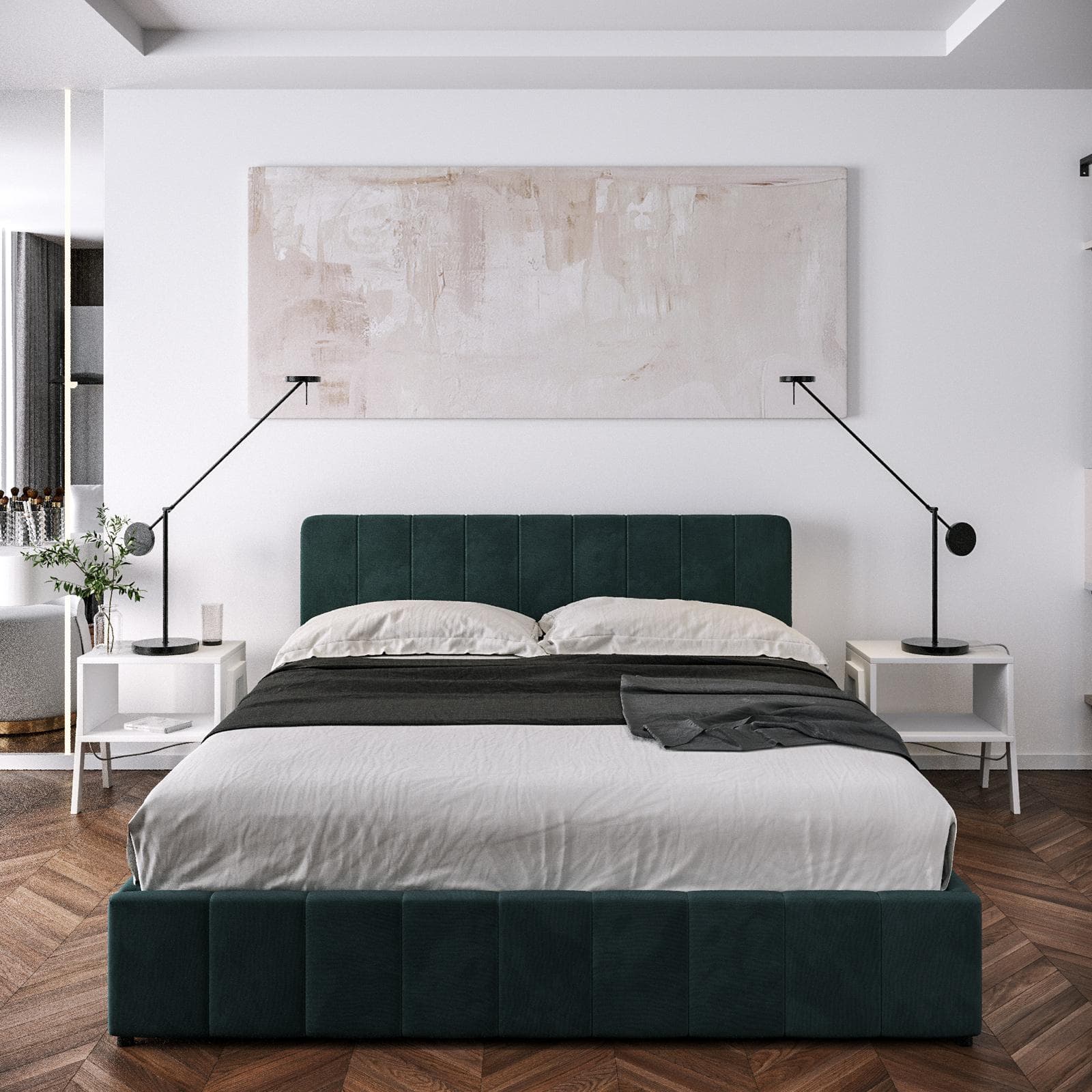 Letto matrimoniale contenitore 160x200 cm in tessuto effetto maglia verde petrolio con connettore usb - Kayden