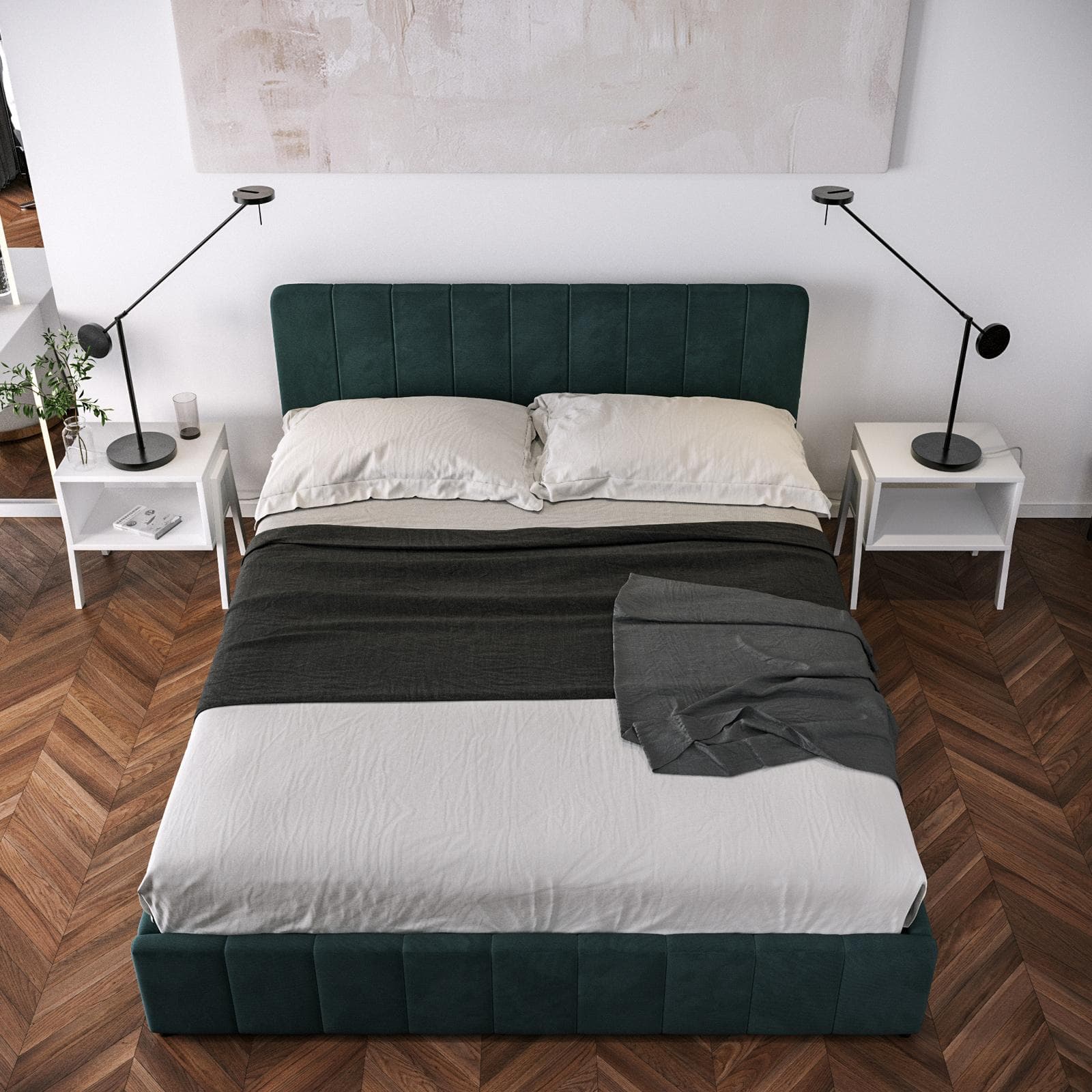 Letto matrimoniale contenitore 160x200 cm in tessuto effetto maglia verde petrolio con connettore usb - Kayden