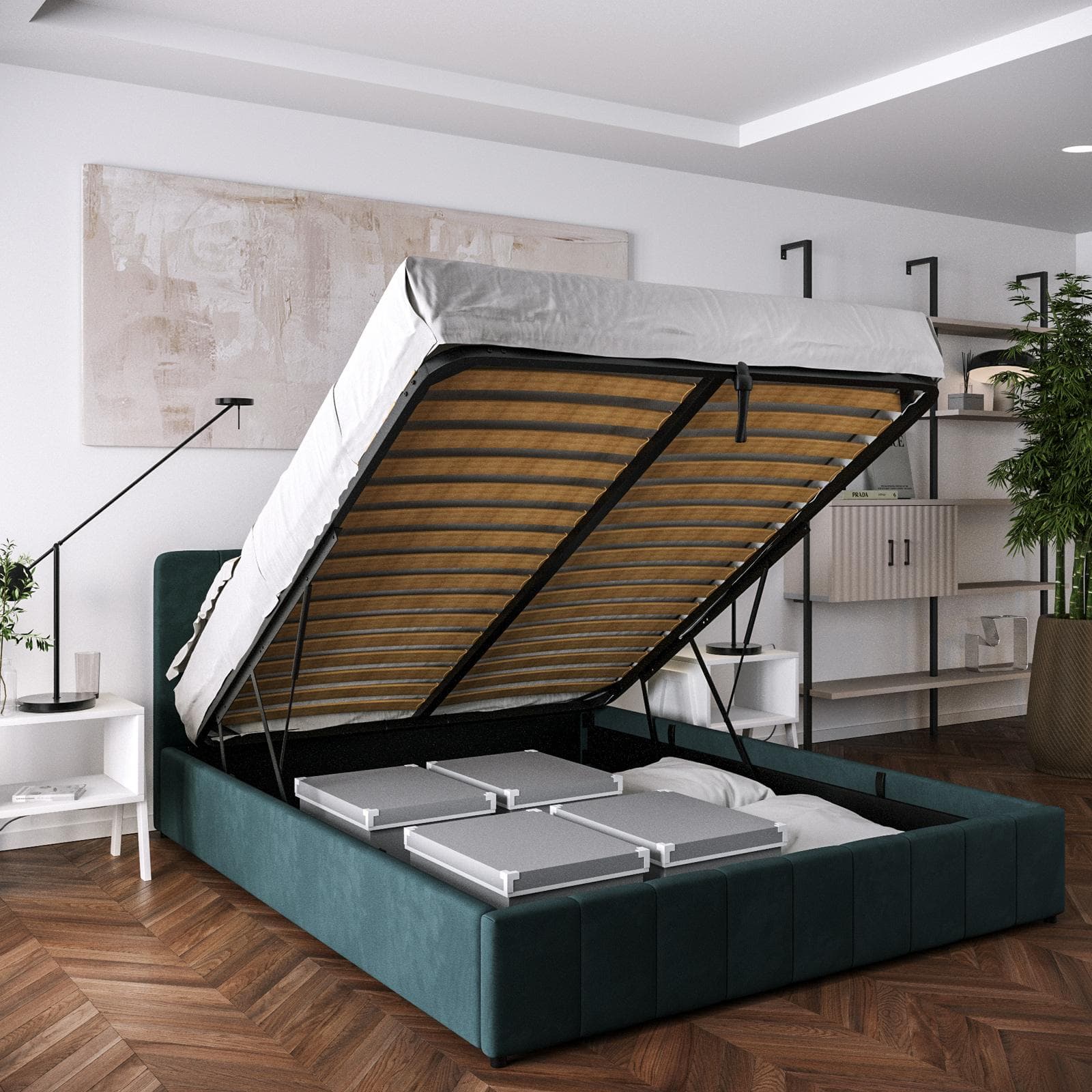 Letto matrimoniale contenitore 160x200 cm in tessuto effetto maglia verde petrolio con connettore usb - Kayden