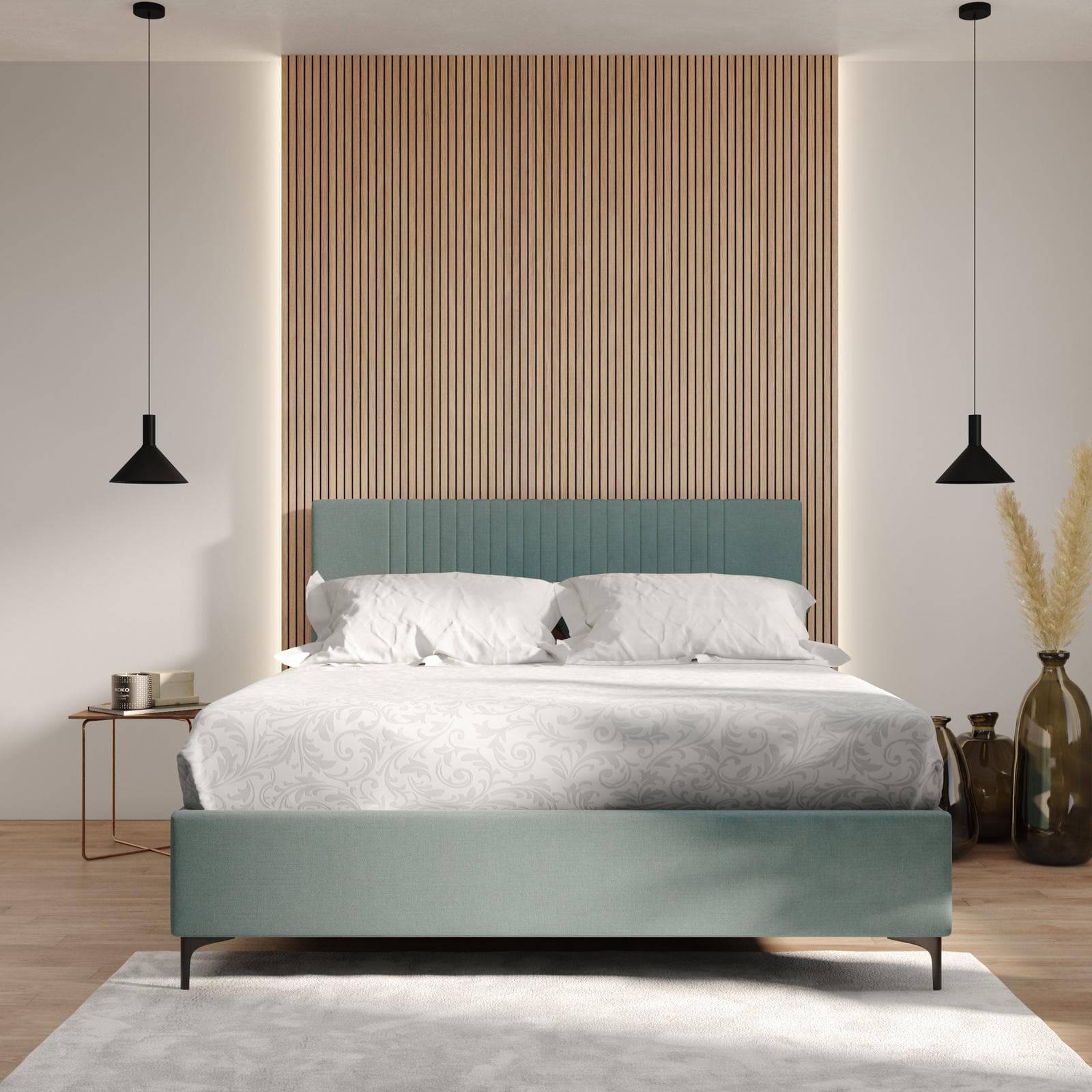 Letto matrimoniale 160x190 cm in tessuto effetto maglia verde salvia con contenitore - Maverick