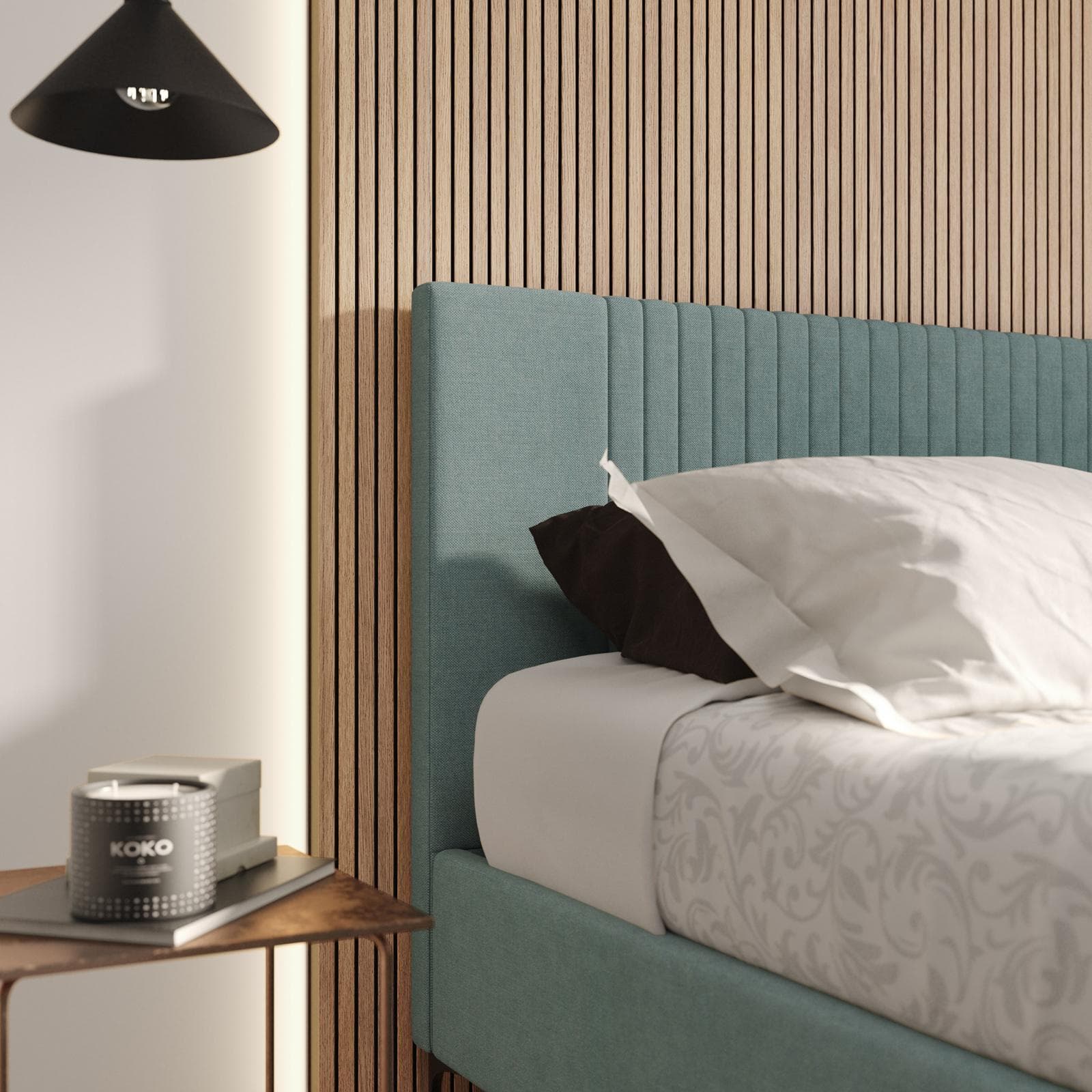 Letto matrimoniale 160x190 cm in tessuto effetto maglia verde salvia con contenitore - Maverick