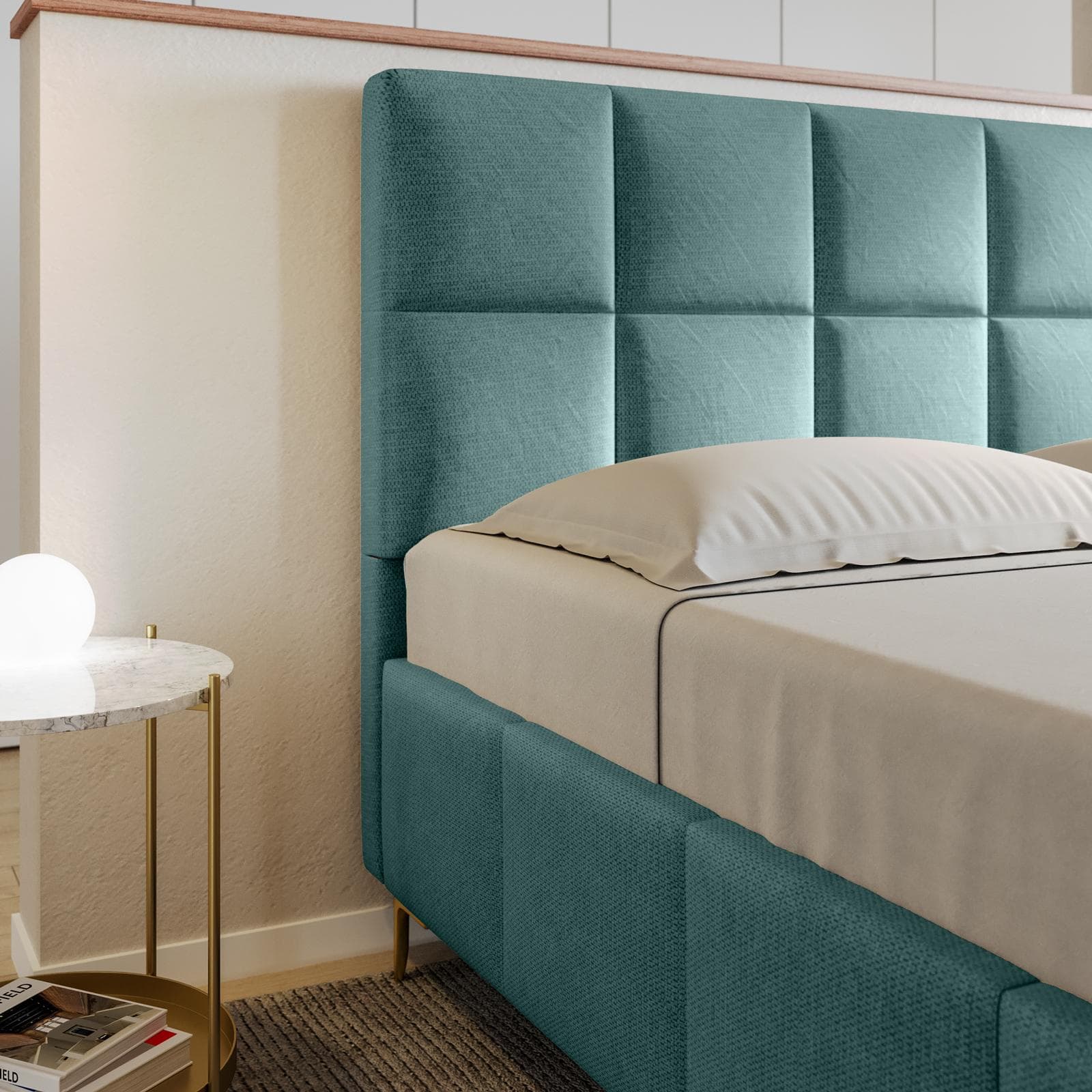 Letto matrimoniale 160x190 cm in tessuto effetto maglia verde salvia con gambe oro e contenitore - Muzai