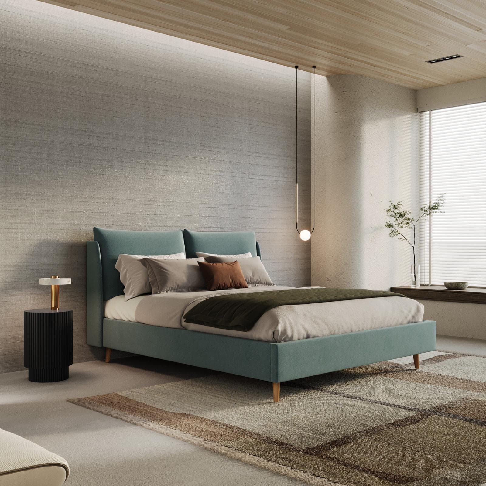 Letto matrimoniale 160x190 cm in tessuto effetto maglia verde salvia con piedi in legno - Tenero