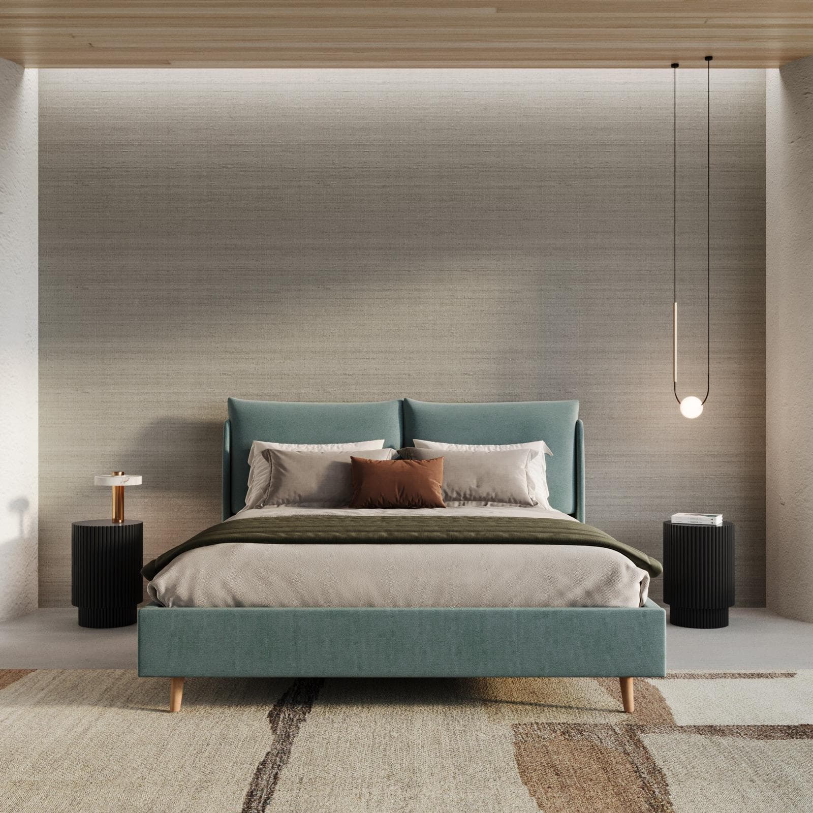Letto matrimoniale 160x190 cm in tessuto effetto maglia verde salvia con piedi in legno - Tenero