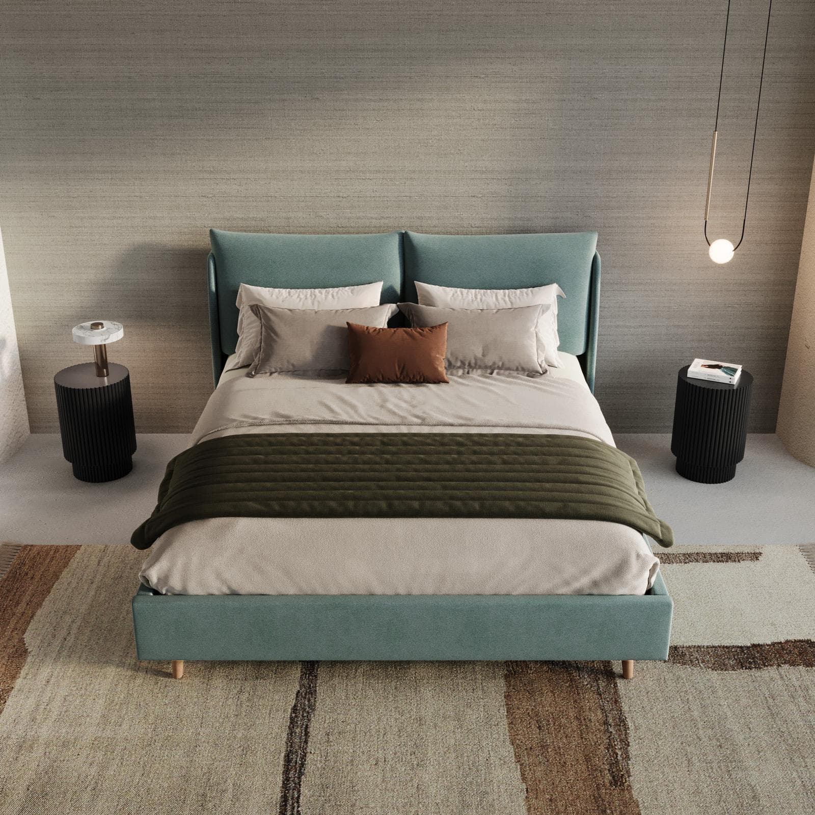 Letto matrimoniale 160x190 cm in tessuto effetto maglia verde salvia con piedi in legno - Tenero