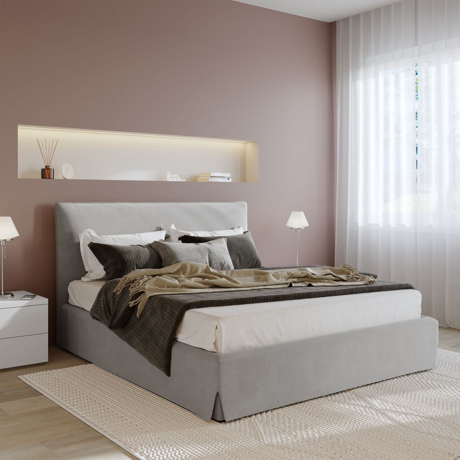 Letto matrimoniale 160x190 cm in tessuto grigio chiaro con contenitore - Blissy