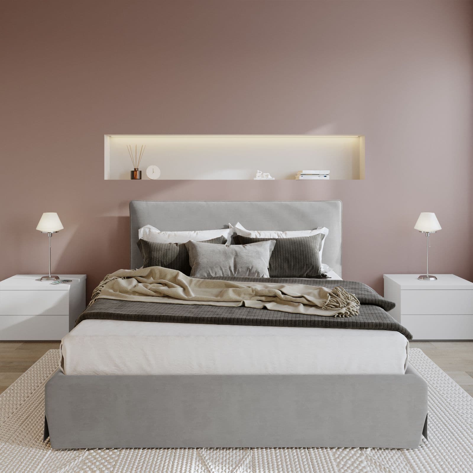 Letto matrimoniale 160x190 cm in tessuto grigio chiaro con contenitore - Blissy