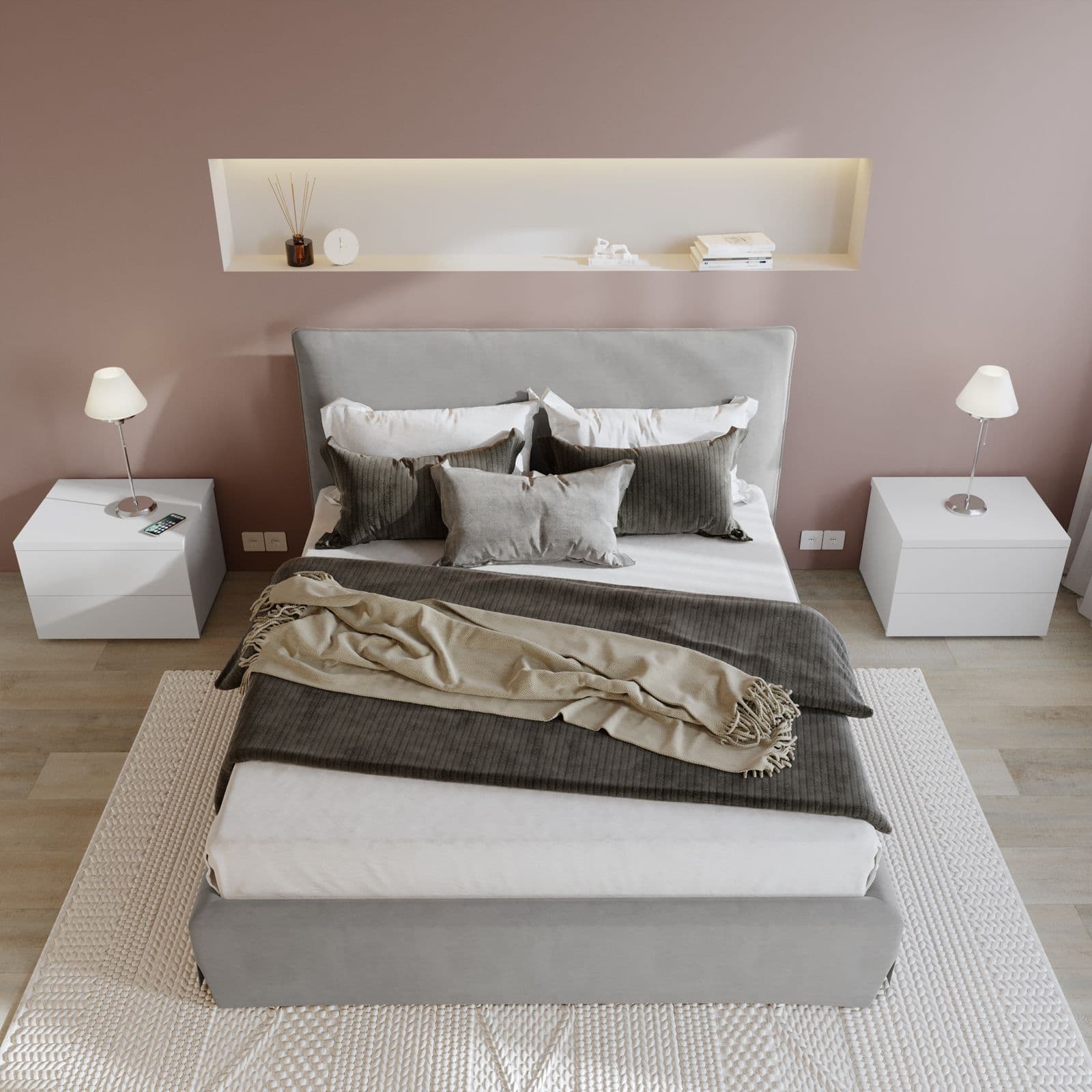 Letto matrimoniale 160x190 cm in tessuto grigio chiaro con contenitore - Blissy