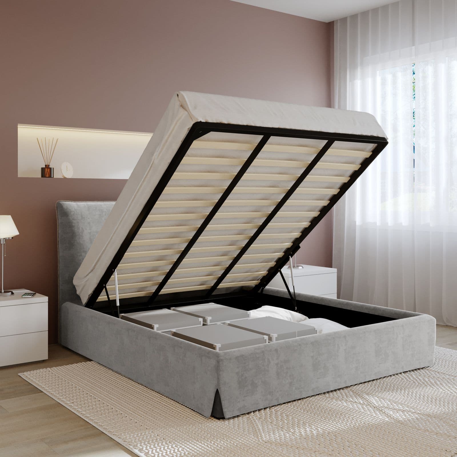 Letto matrimoniale 160x190 cm in tessuto grigio chiaro con contenitore - Blissy