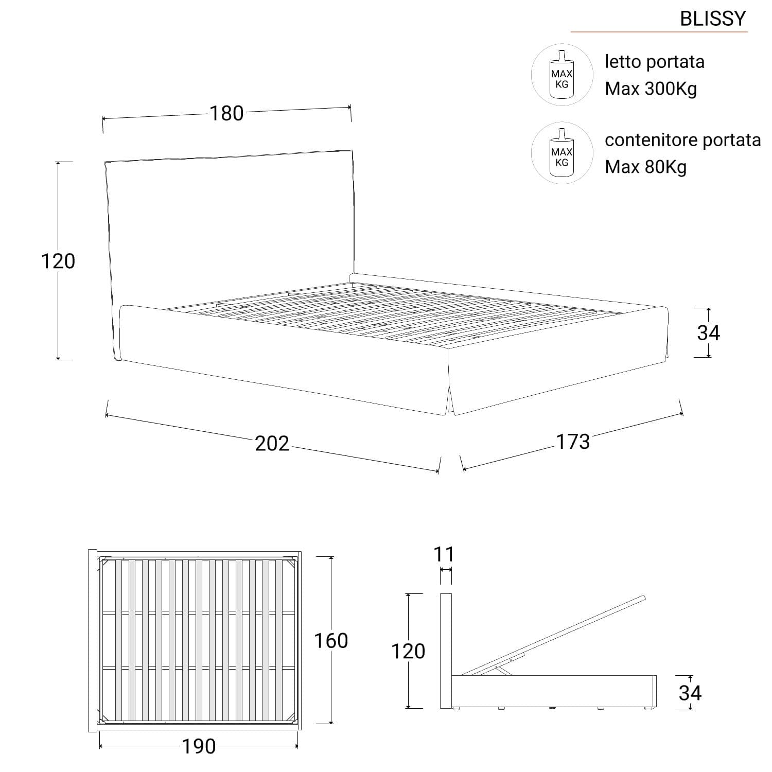 Letto matrimoniale 160x190 cm in tessuto grigio chiaro con contenitore - Blissy