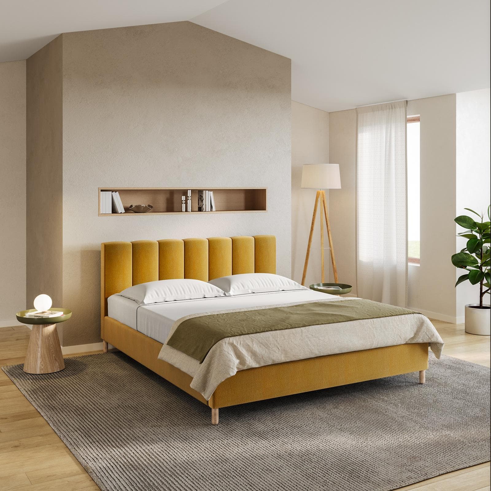 Letto matrimoniale 160x190 cm in tessuto senape con gambe in legno - Diskel