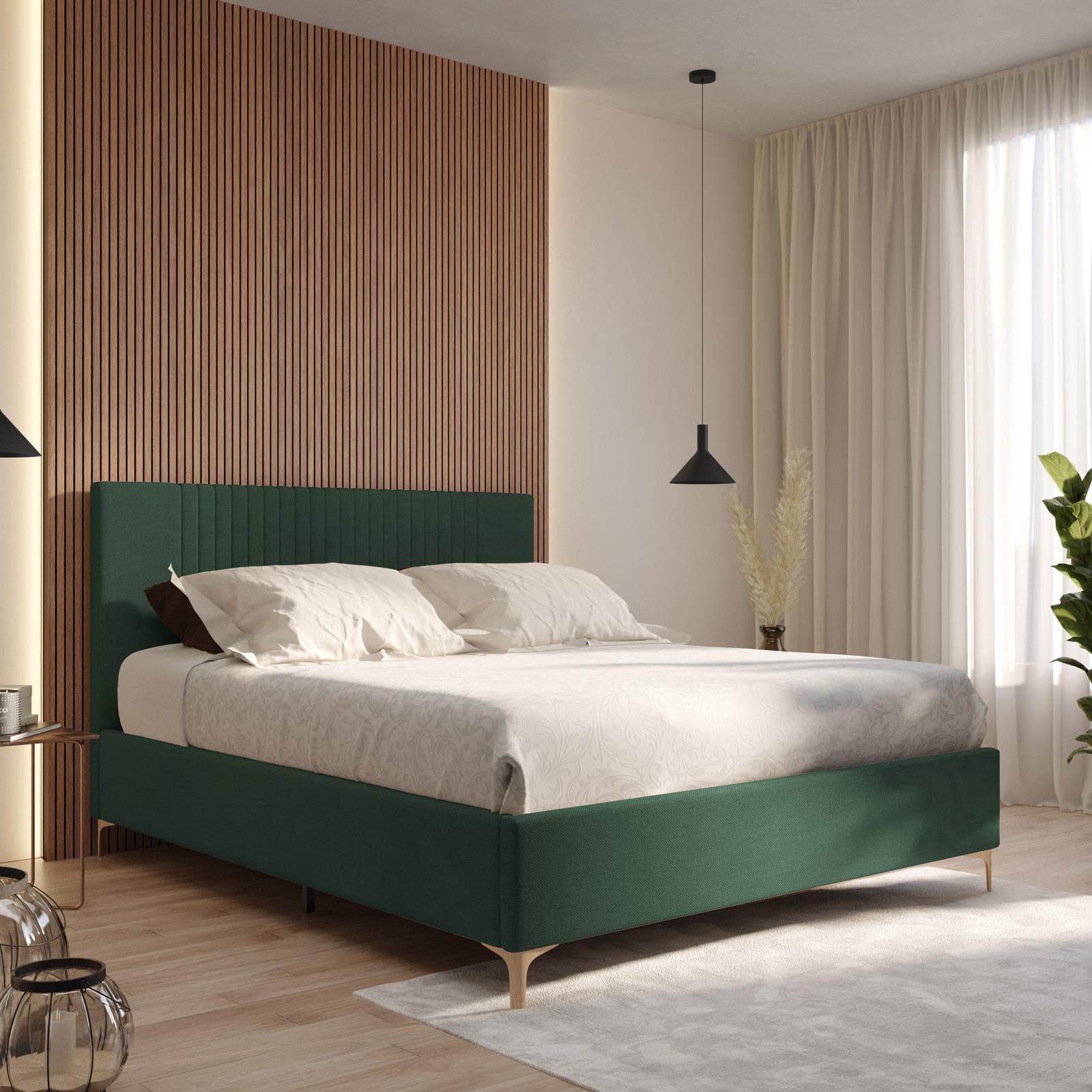 Letto matrimoniale 160x190 cm in tessuto verde bosco con contenitore - Maverick
