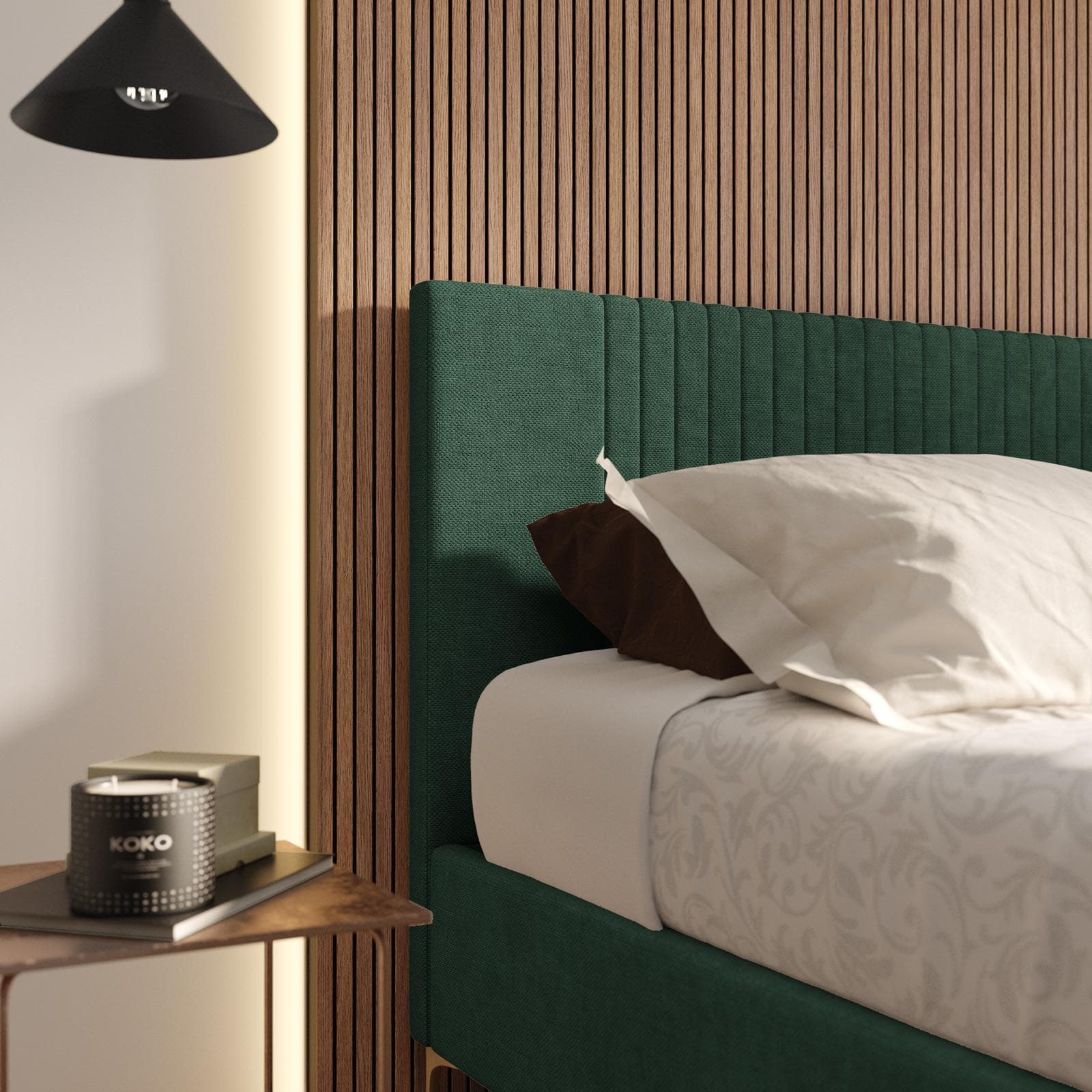 Letto matrimoniale 160x190 cm in tessuto verde bosco con contenitore - Maverick