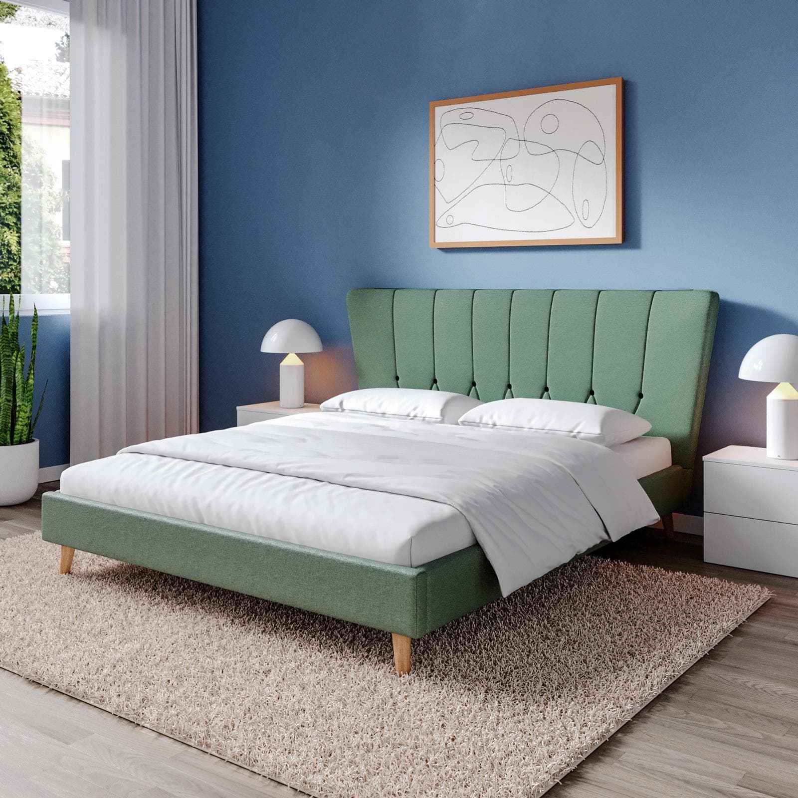 Letto matrimoniale 160x190 cm in tessuto verde salvia con testata trapuntata - Baltimore