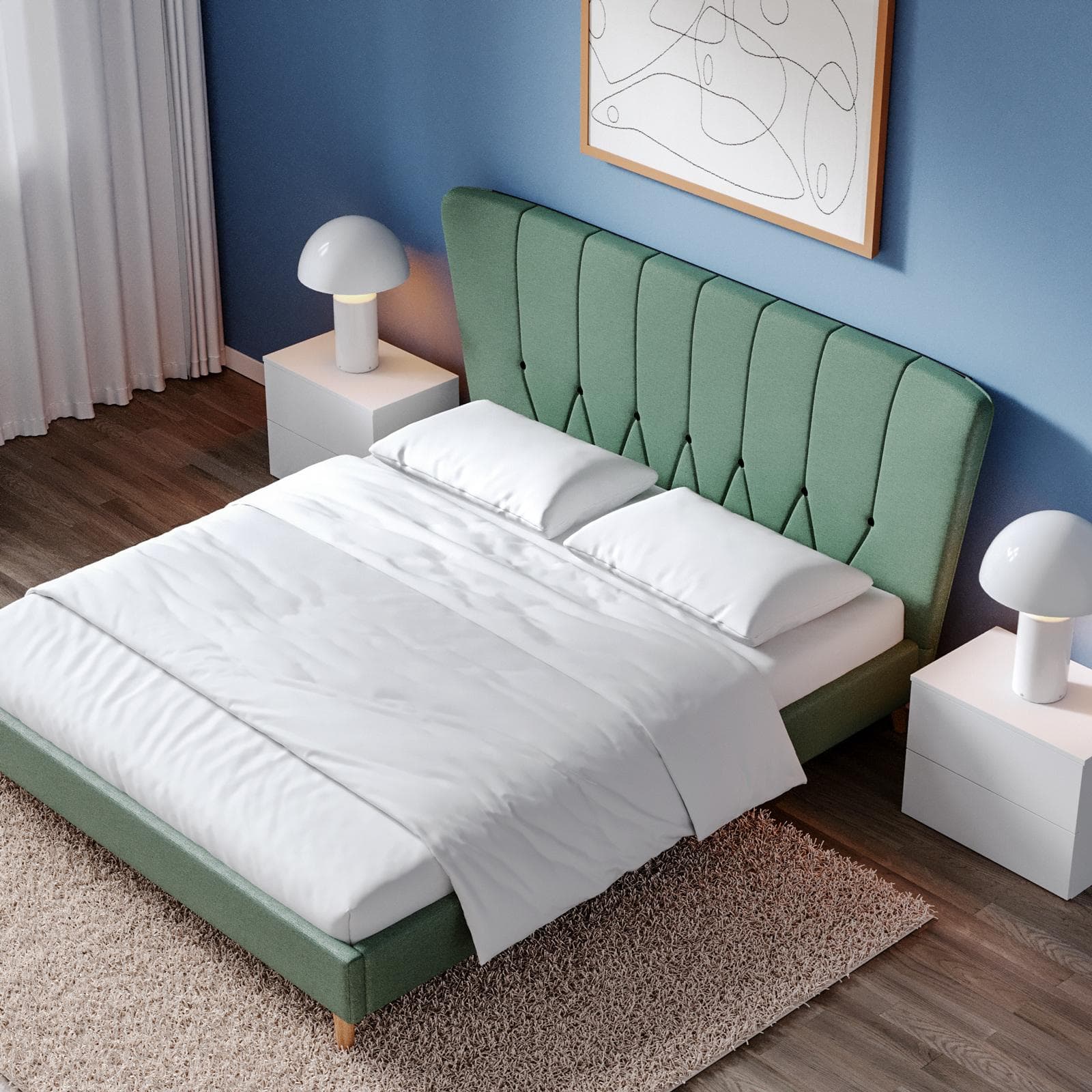 Letto matrimoniale 160x190 cm in tessuto verde salvia con testata trapuntata - Baltimore