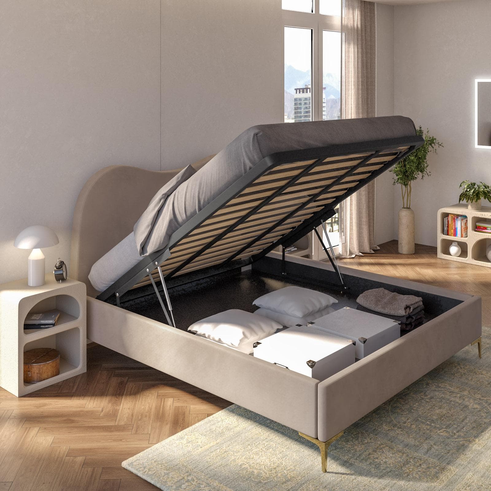 Letto matrimoniale 160x190 cm in velluto beige con contenitore e piedi oro - Goldie