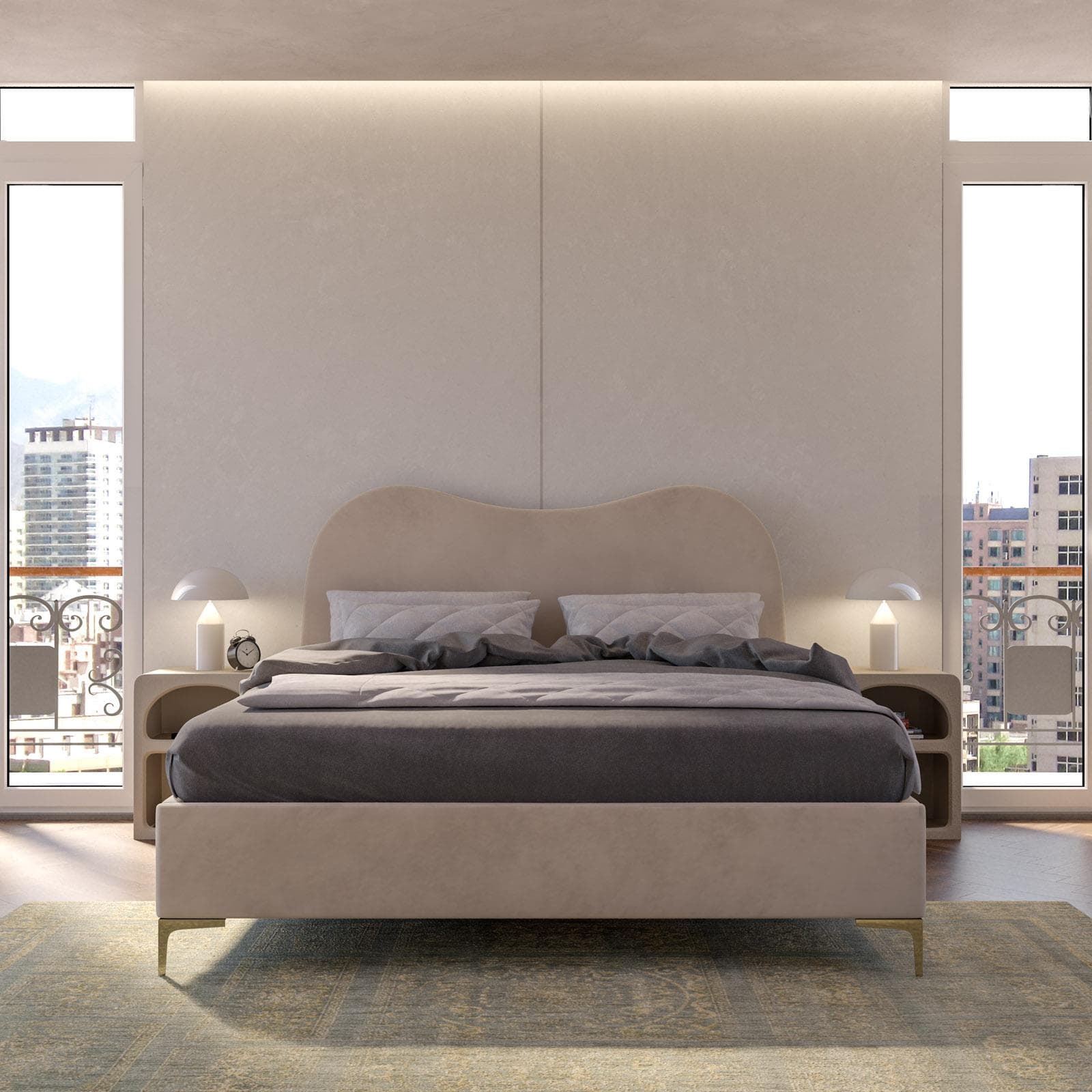 Letto matrimoniale 160x190 cm in velluto beige con contenitore e piedi oro - Goldie