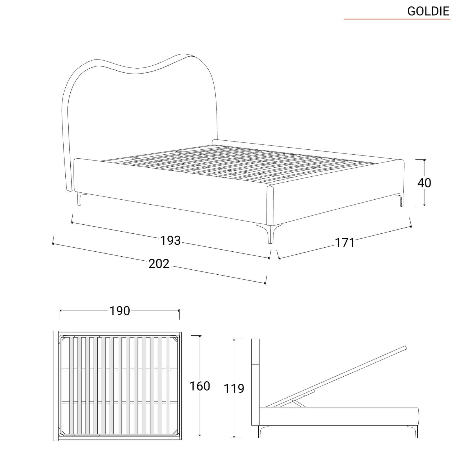 Letto matrimoniale 160x190 cm in velluto beige con contenitore e piedi oro - Goldie