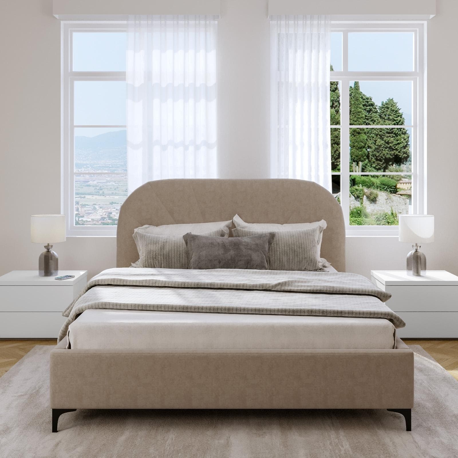 Letto matrimoniale 160x190 cm in velluto beige con contenitore e piedini neri - Layz