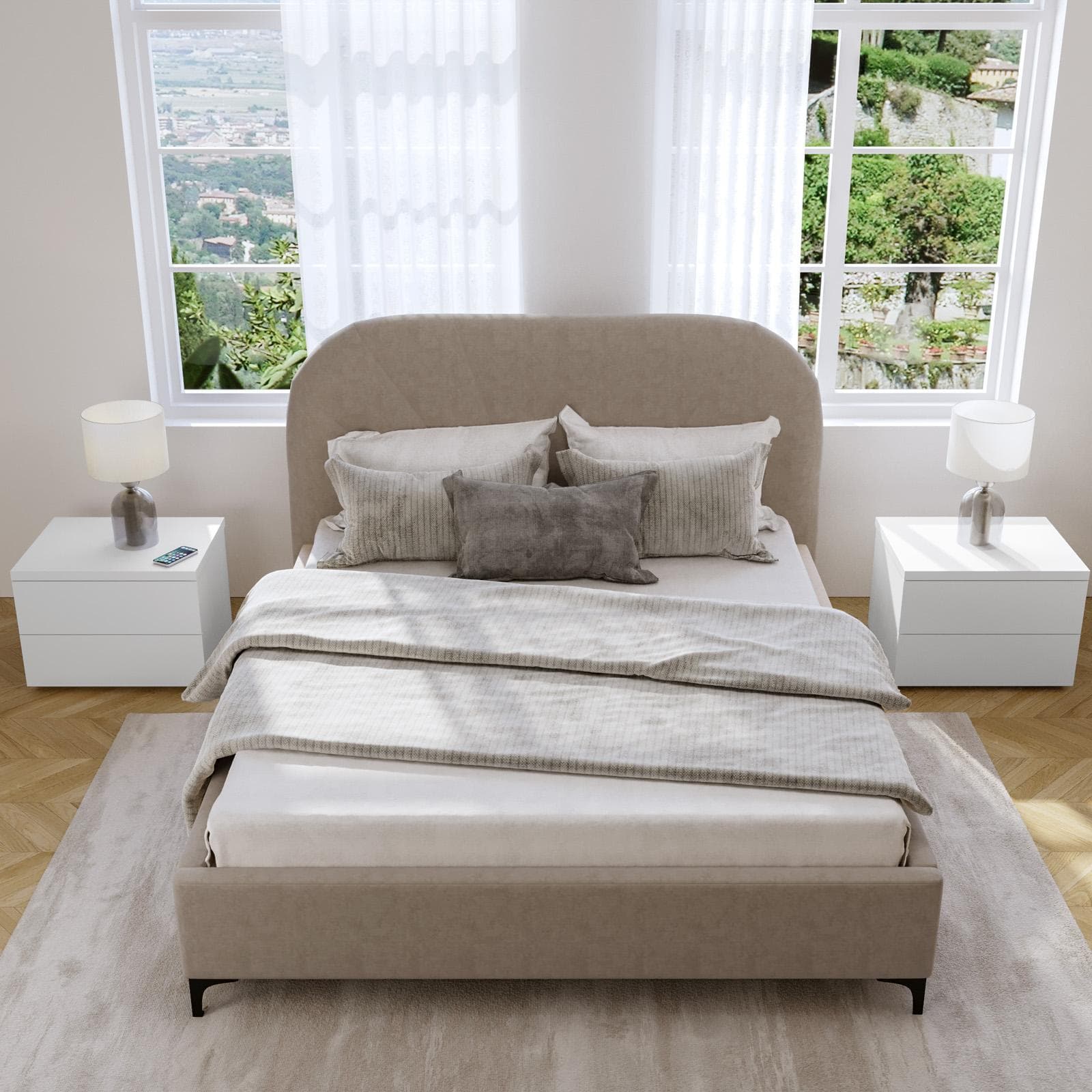 Letto matrimoniale 160x190 cm in velluto beige con contenitore e piedini neri - Layz