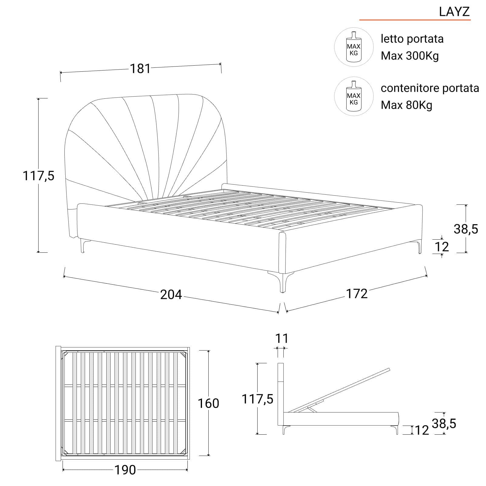 Letto matrimoniale 160x190 cm in velluto beige con contenitore e piedini neri - Layz