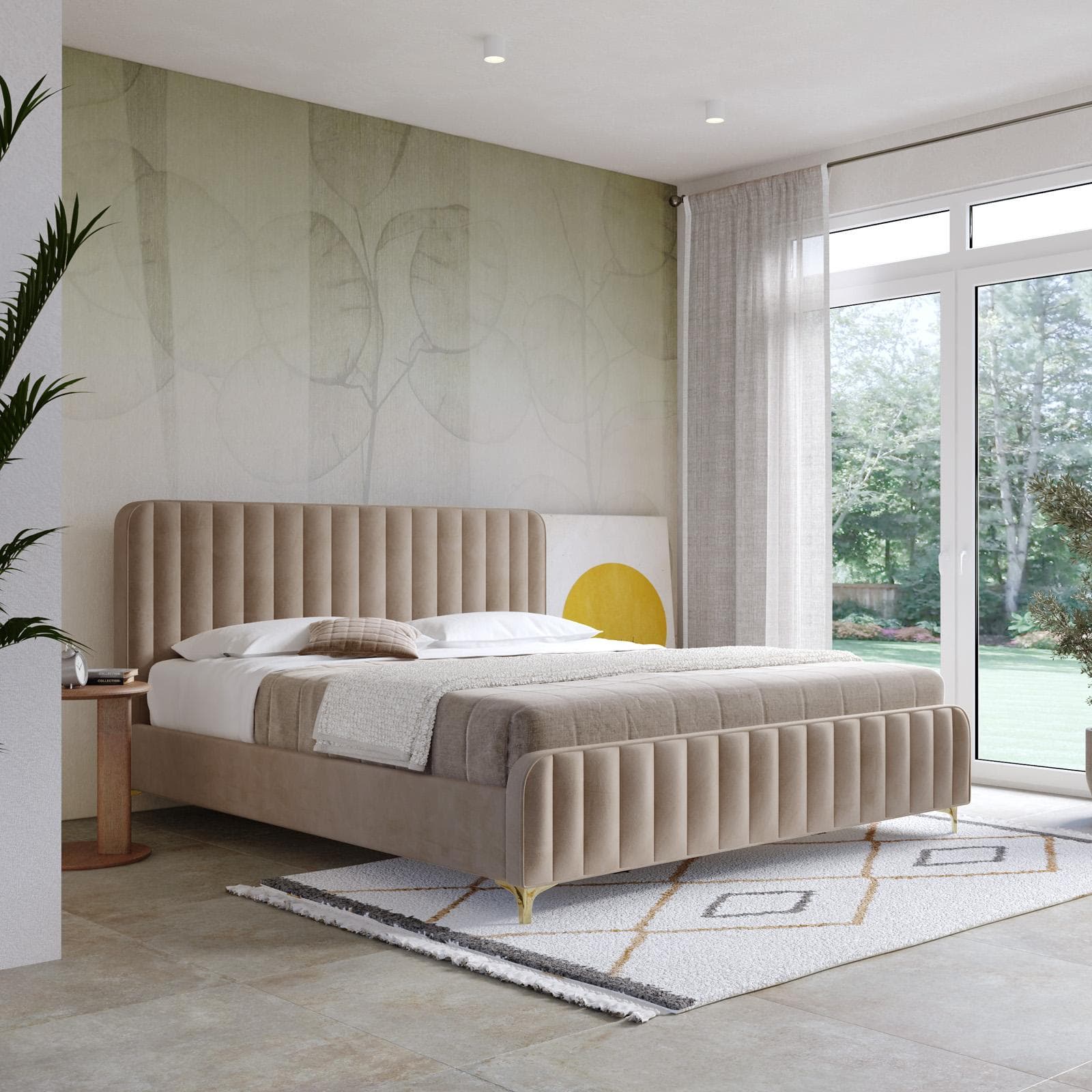 Letto matrimoniale 160x190 cm in velluto beige con piedi in metallo oro - Chimera