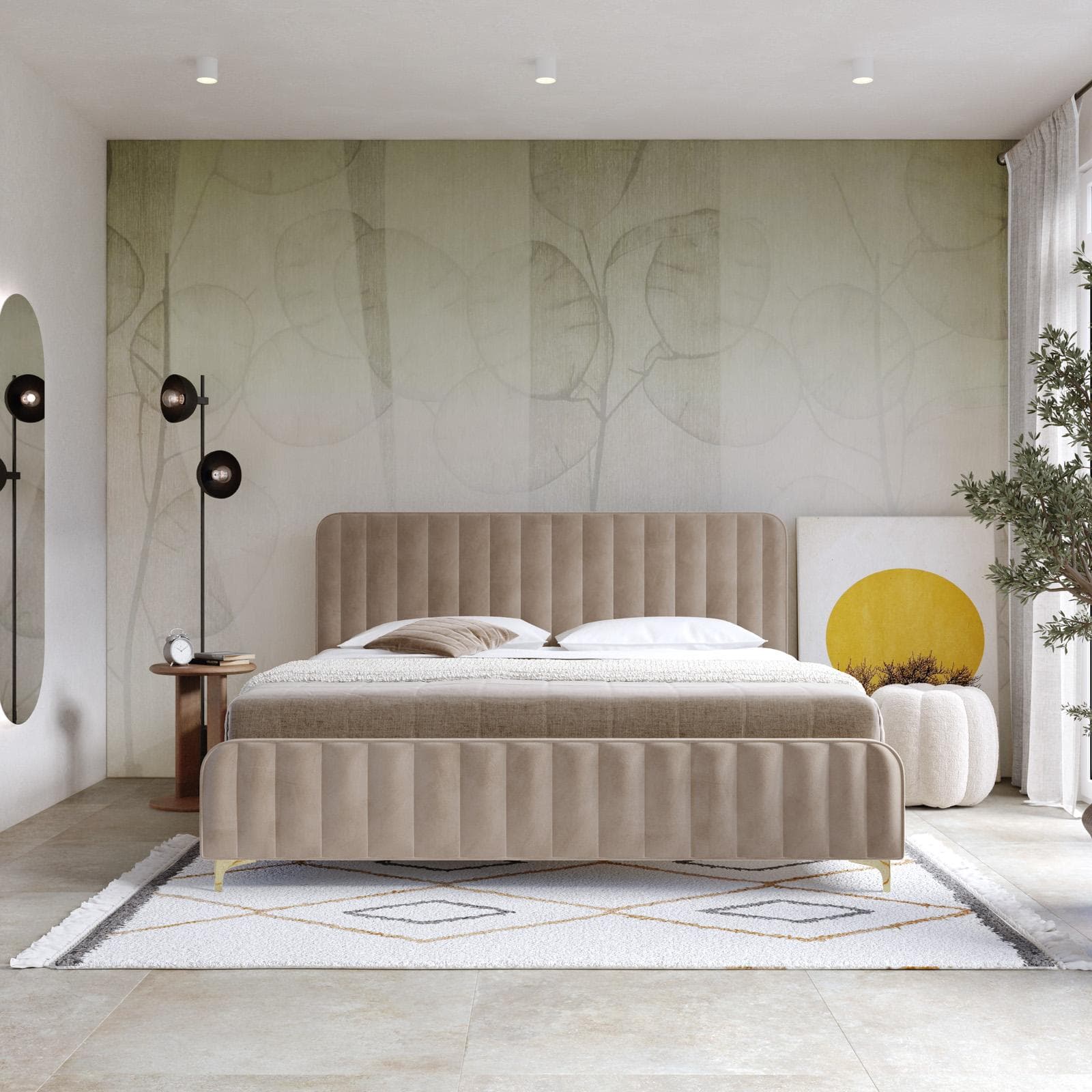Letto matrimoniale 160x190 cm in velluto beige con piedi in metallo oro - Chimera