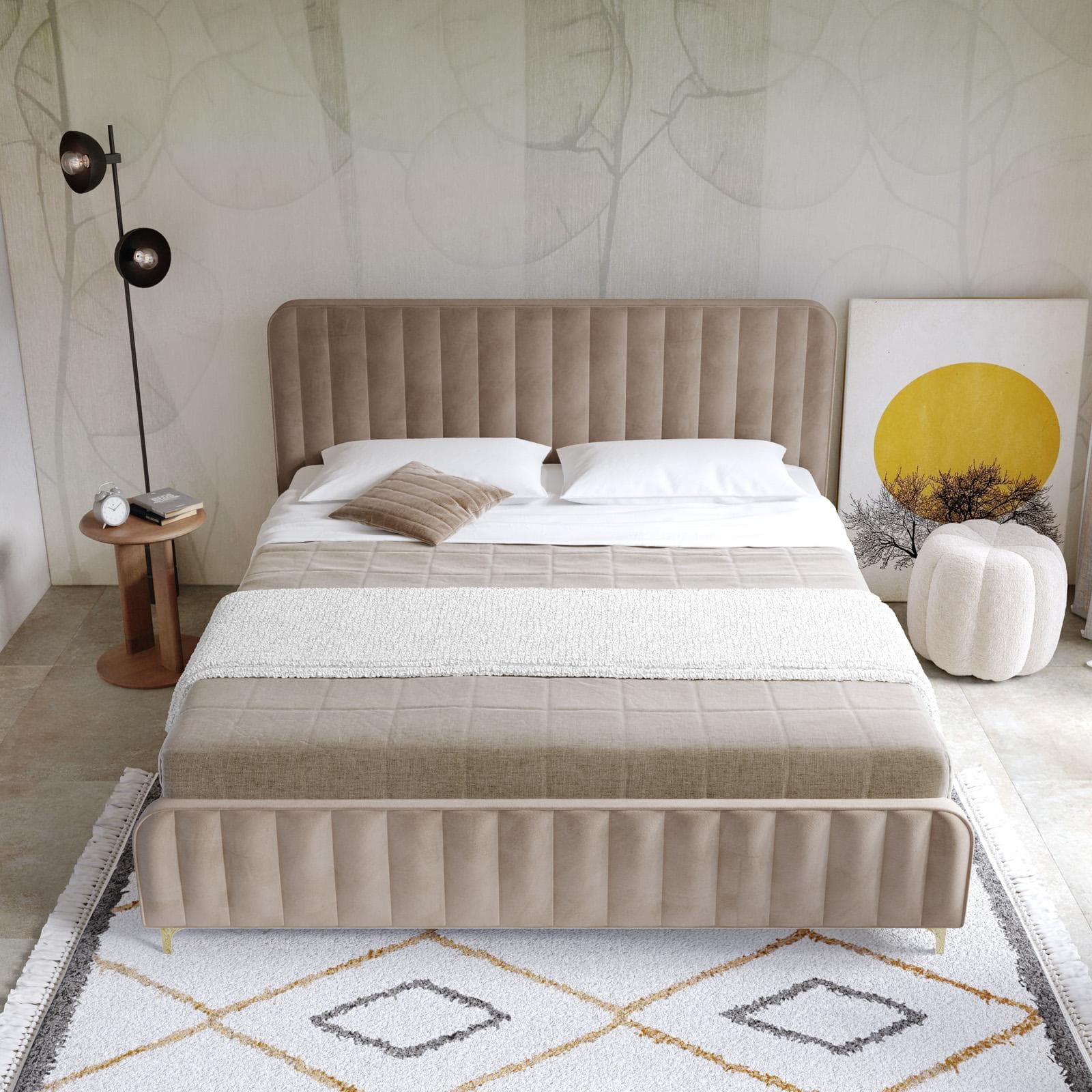 Letto matrimoniale 160x190 cm in velluto beige con piedi in metallo oro - Chimera