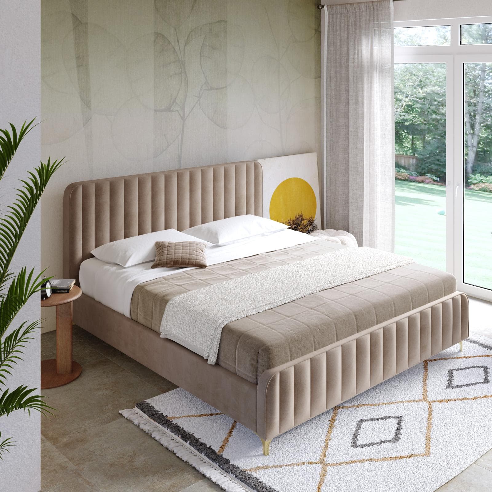 Letto matrimoniale 160x190 cm in velluto beige con piedi in metallo oro - Chimera