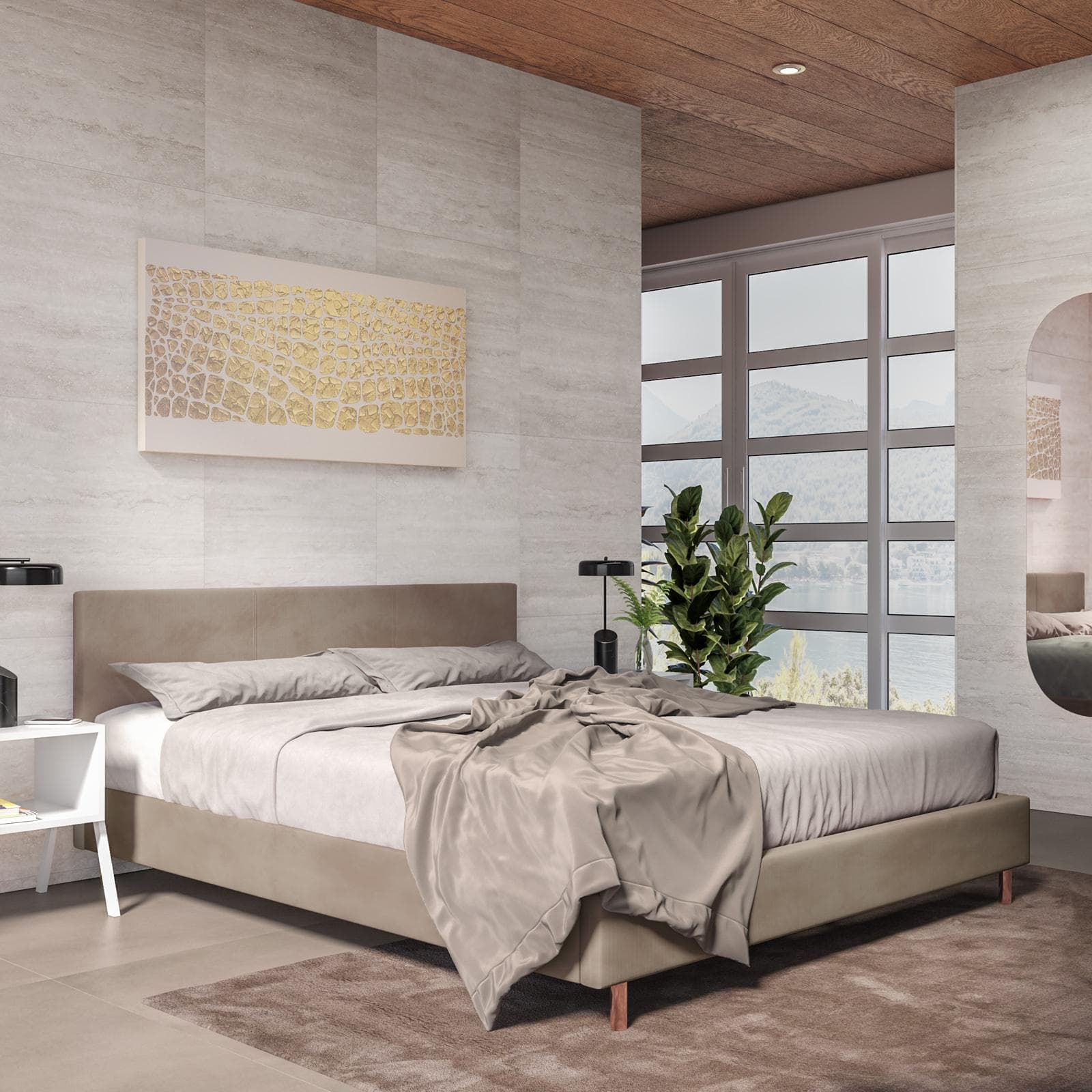 Letto matrimoniale 160x190 cm in velluto beige gambe e oro rosa - Frendy