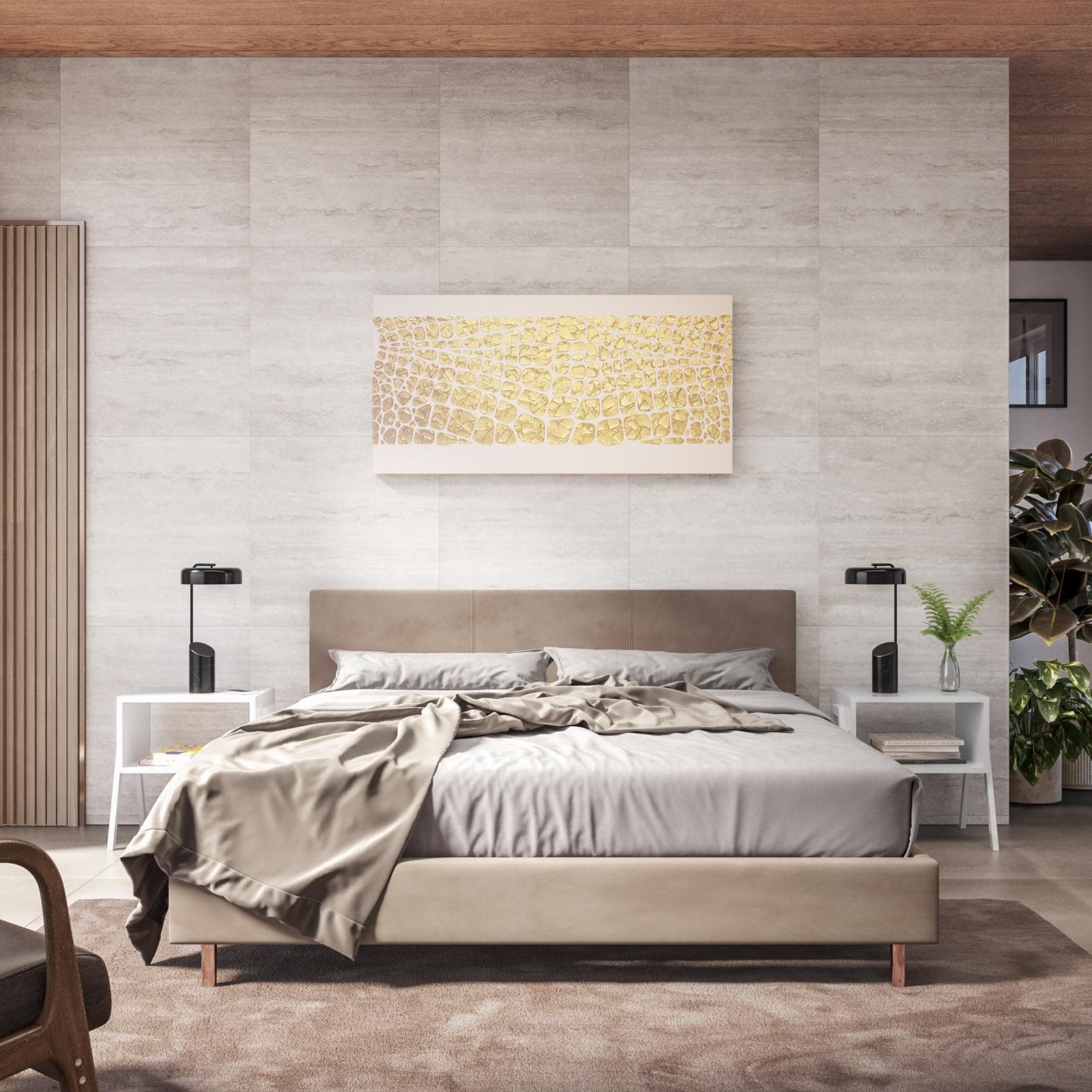 Letto matrimoniale 160x190 cm in velluto beige gambe e oro rosa - Frendy