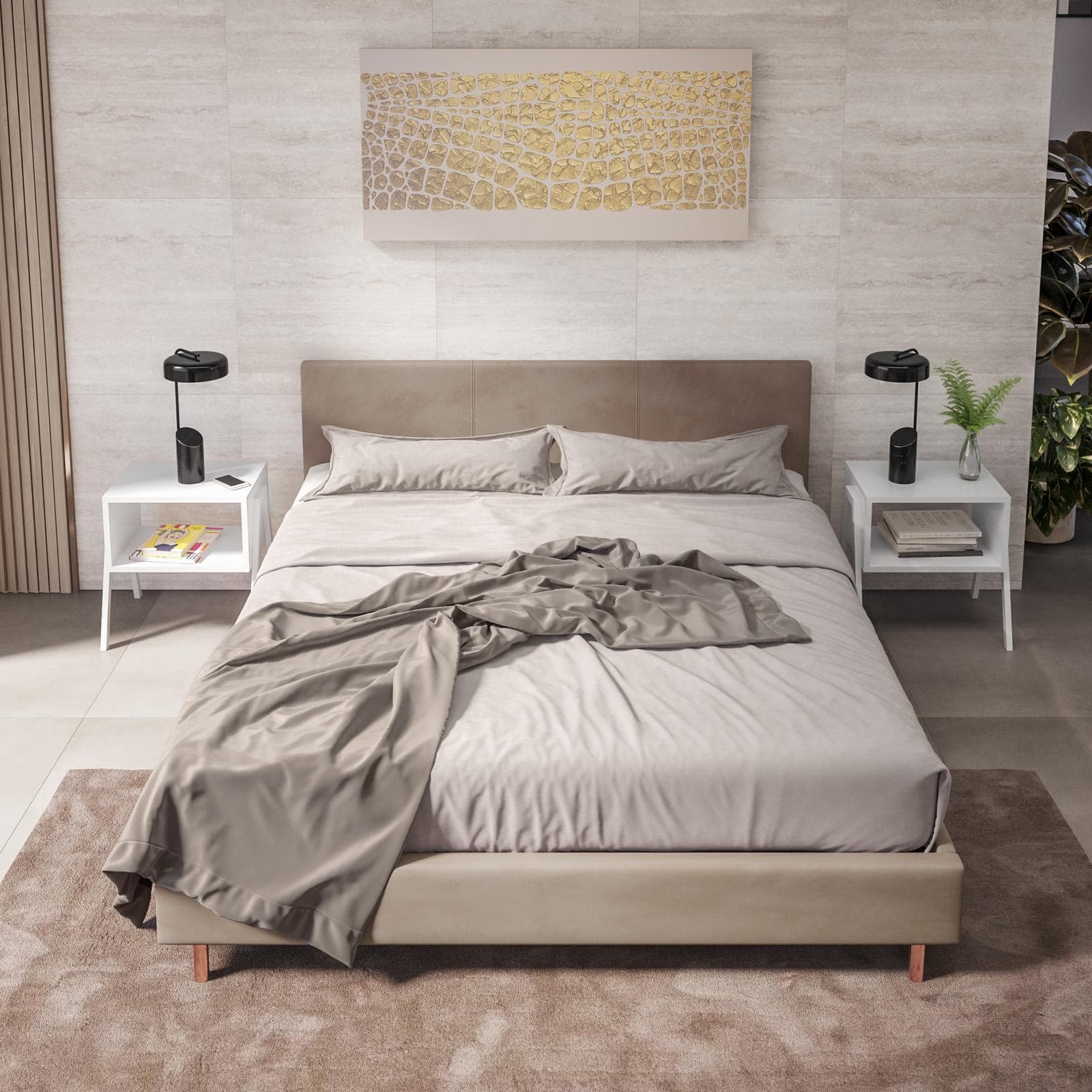 Letto matrimoniale 160x190 cm in velluto beige gambe e oro rosa - Frendy