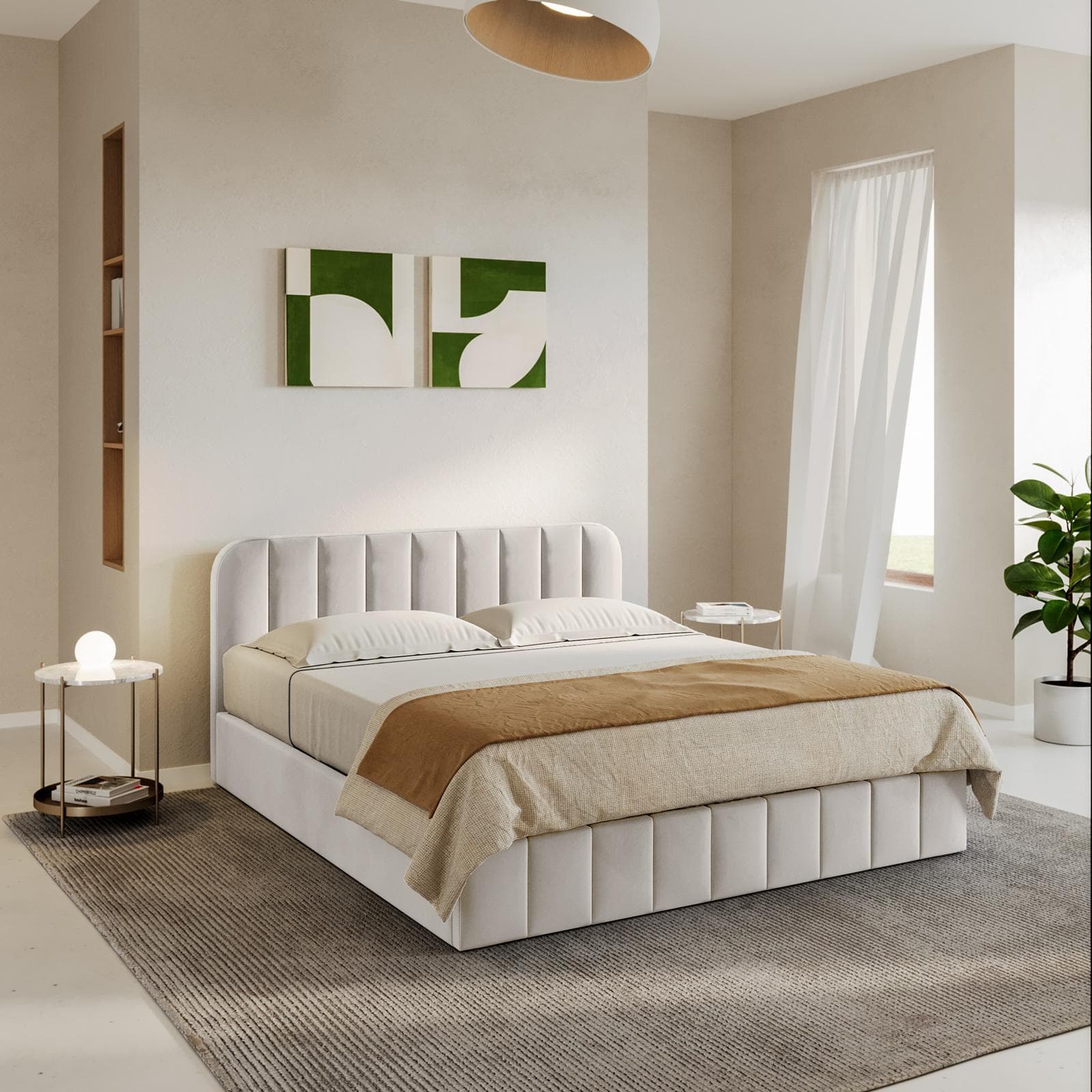 Letto matrimoniale 160x190 cm in velluto bianco perla con contenitore - Farer