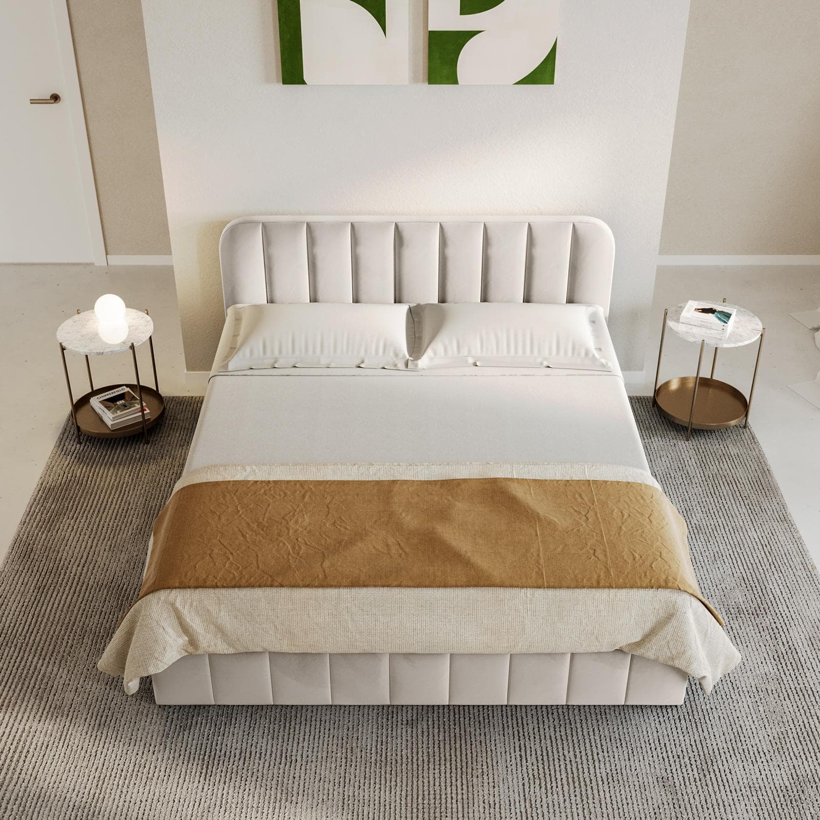 Letto matrimoniale 160x190 cm in velluto bianco perla con contenitore - Farer