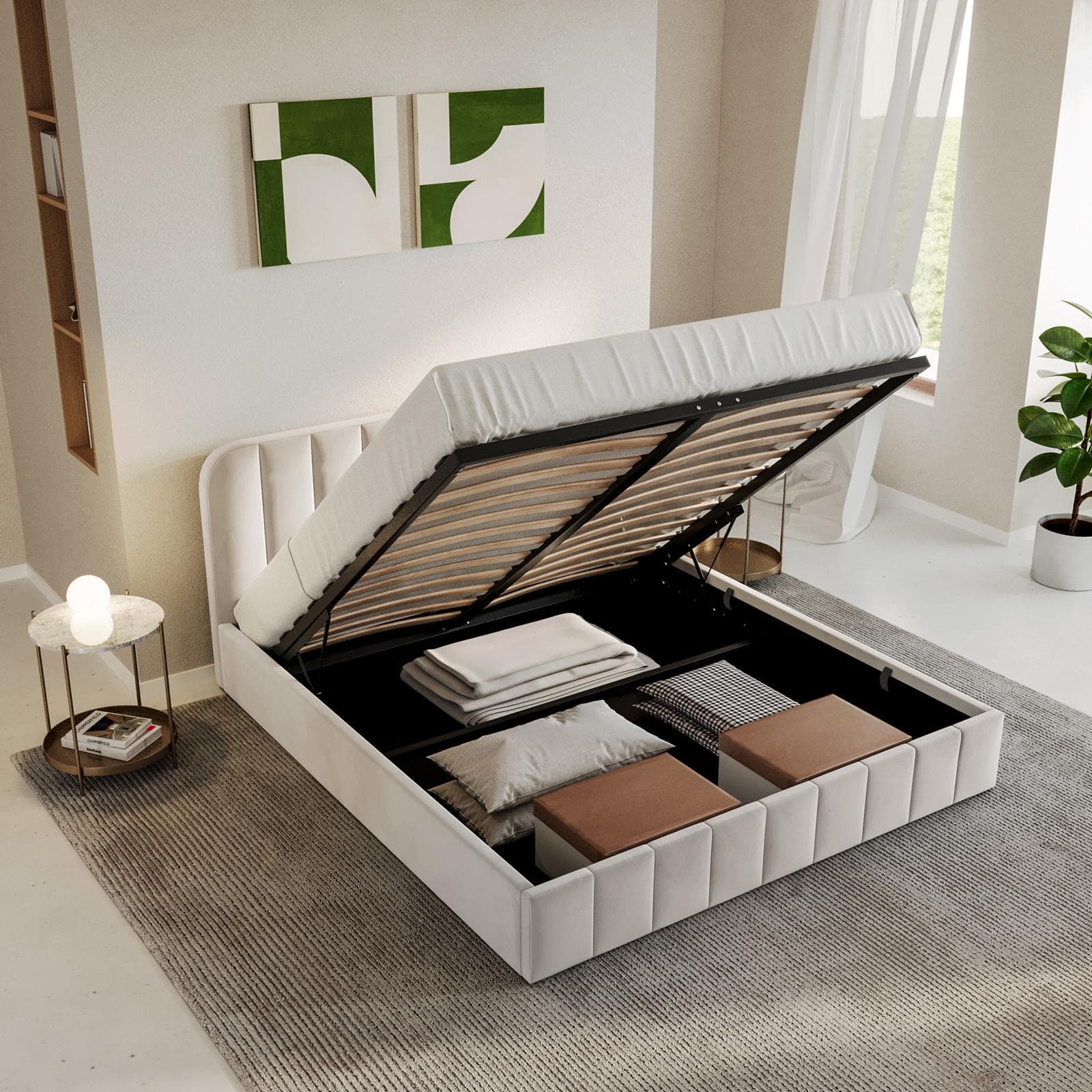 Letto matrimoniale 160x190 cm in velluto bianco perla con contenitore - Farer