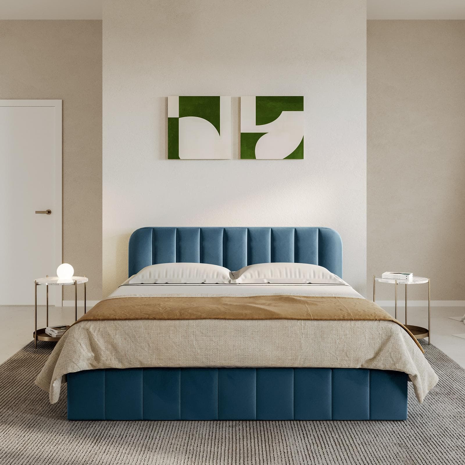Letto matrimoniale 160x190 cm in velluto blu petrolio con contenitore - Farer