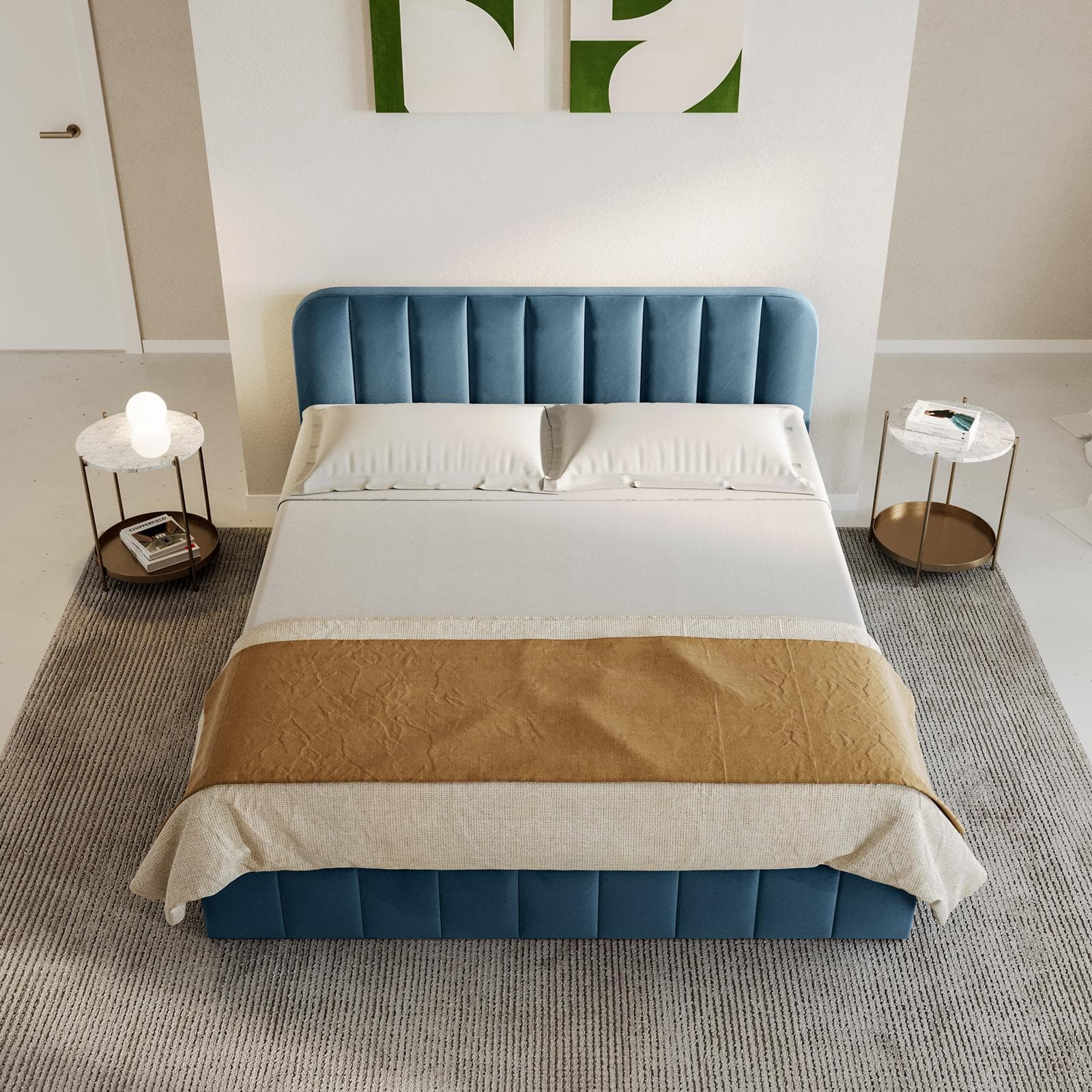 Letto matrimoniale 160x190 cm in velluto blu petrolio con contenitore - Farer